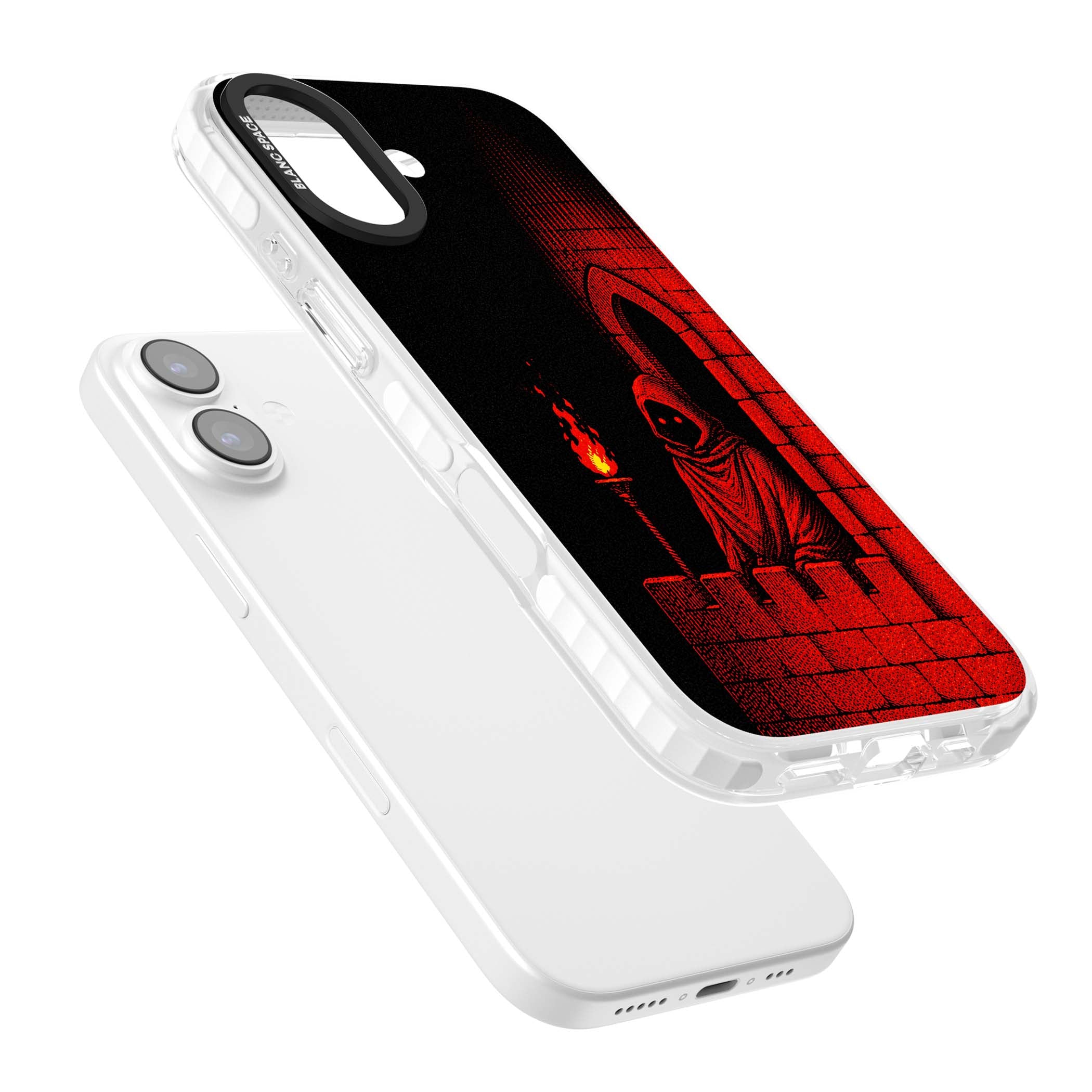 Crimson Crypt gothic iPhone case featuring a hooded reaper, torchlit crypt archway and red halftone horror art | Black Impact case for iPhone 17