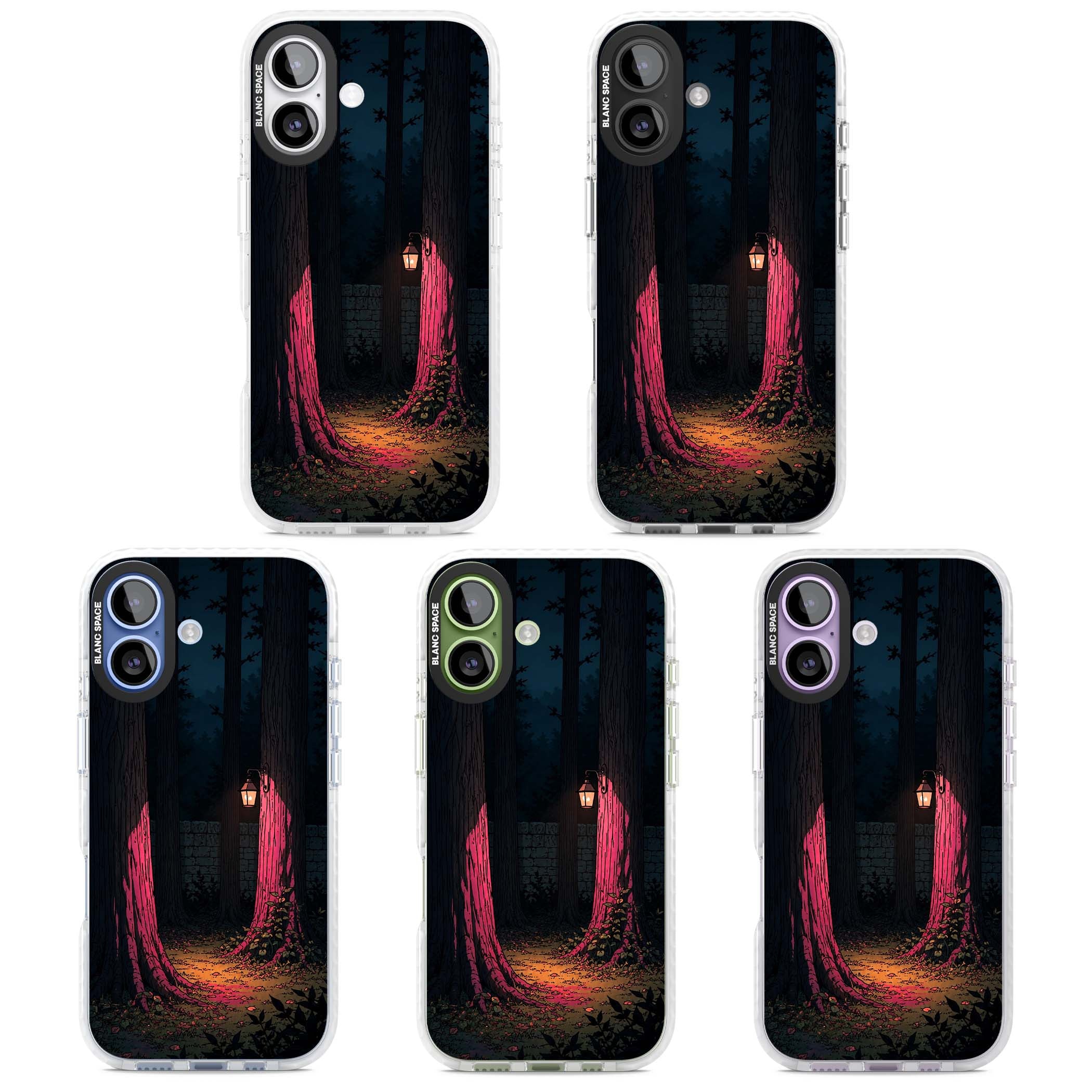 Forest Lantern dark academia iPhone case featuring a moonlit forest, glowing lantern, and stone wall pathway | Black Impact case for iPhone 17