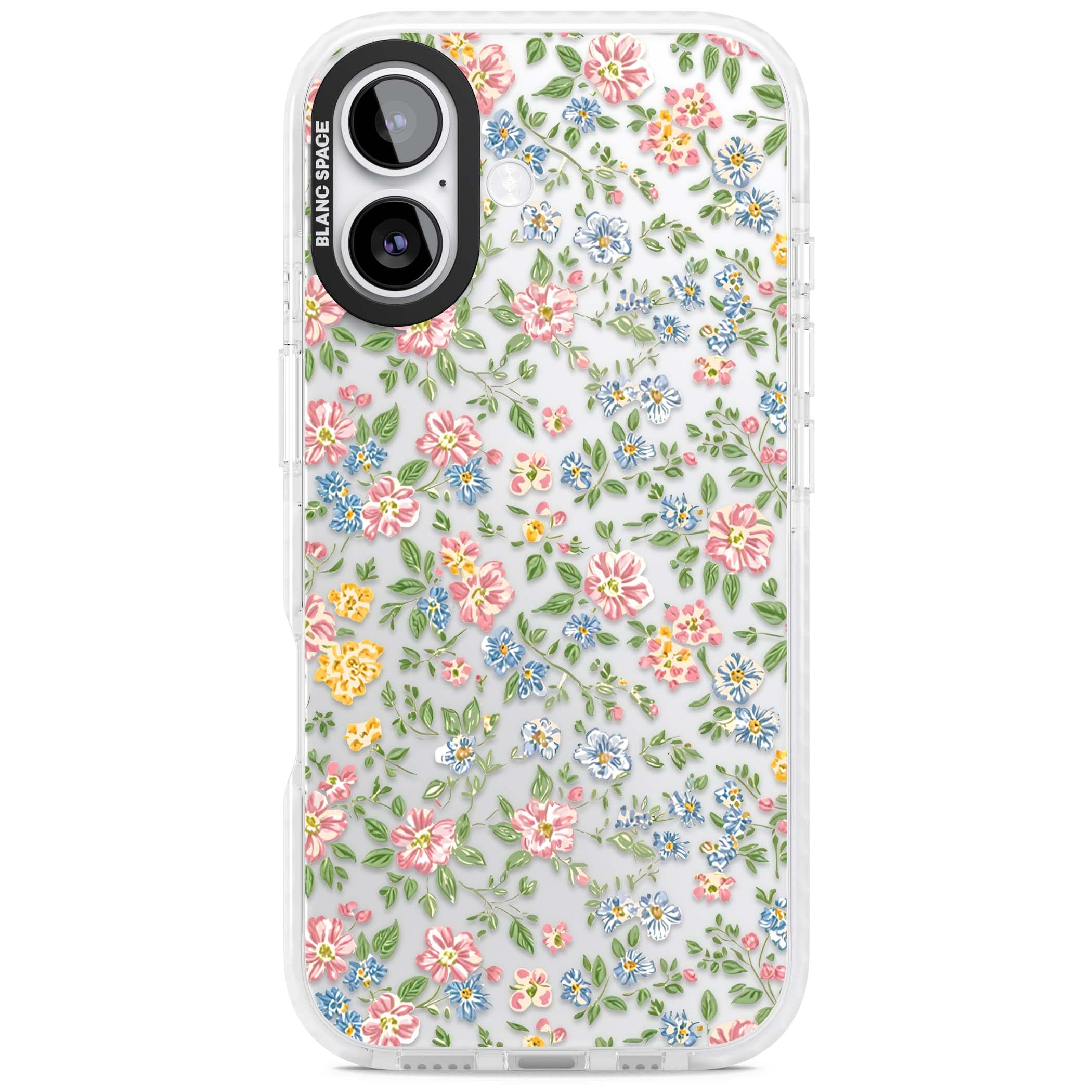 Soft Meadow cottagecore iPhone case featuring pink cosmos, blue forget-me-nots, yellow buttercups and green leaves sca | Black Impact case for iPhone 17