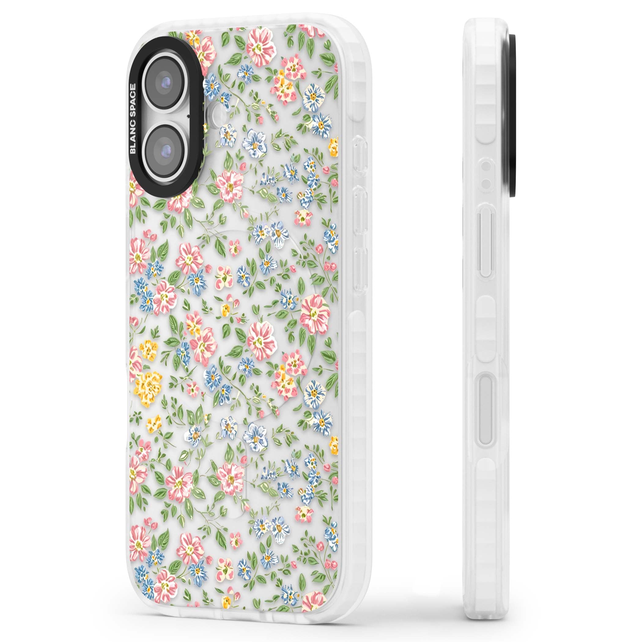 Soft Meadow cottagecore iPhone case featuring pink cosmos, blue forget-me-nots, yellow buttercups and green leaves sca | Black Impact case for iPhone 17