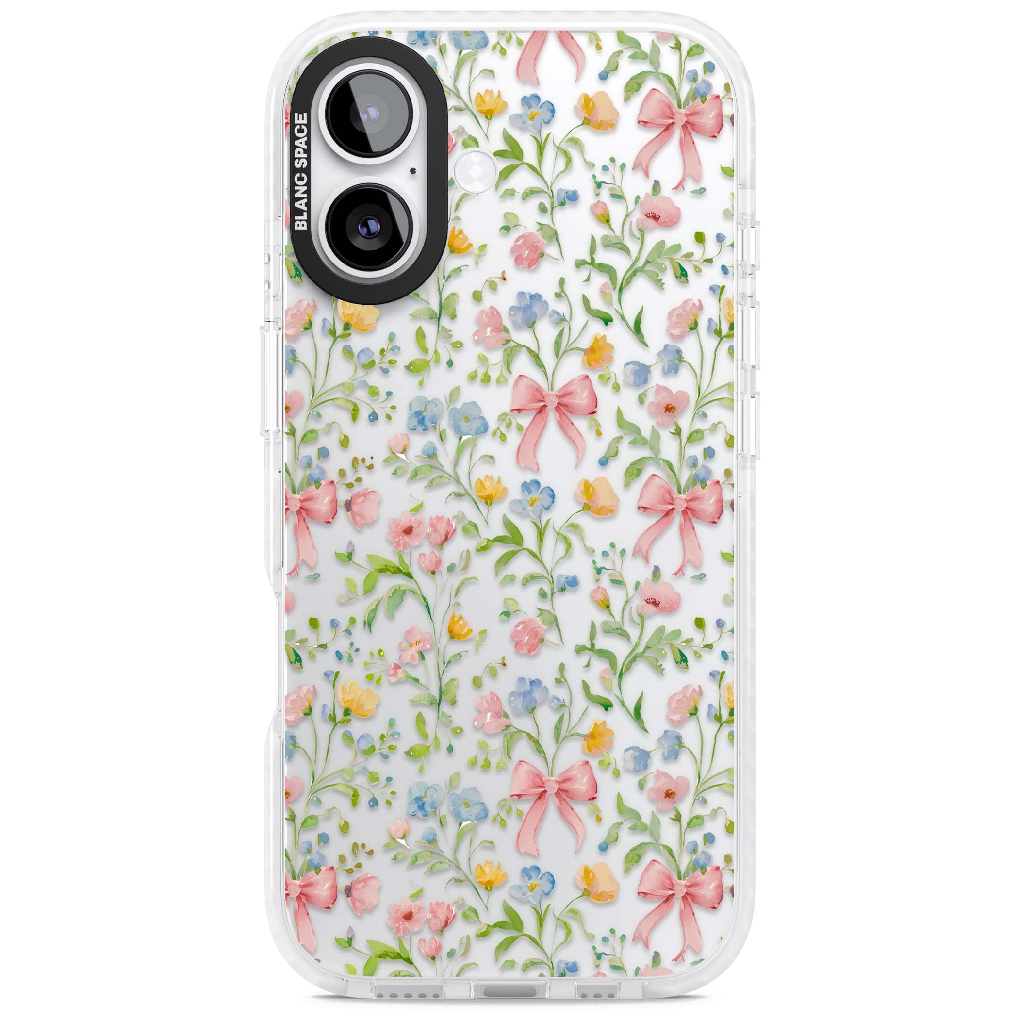 Ribbons & Wildflowers cottagecore iPhone case featuring watercolor wildflowers, pink satin bows, and delicate spring blooms o | Black Impact case for iPhone 17