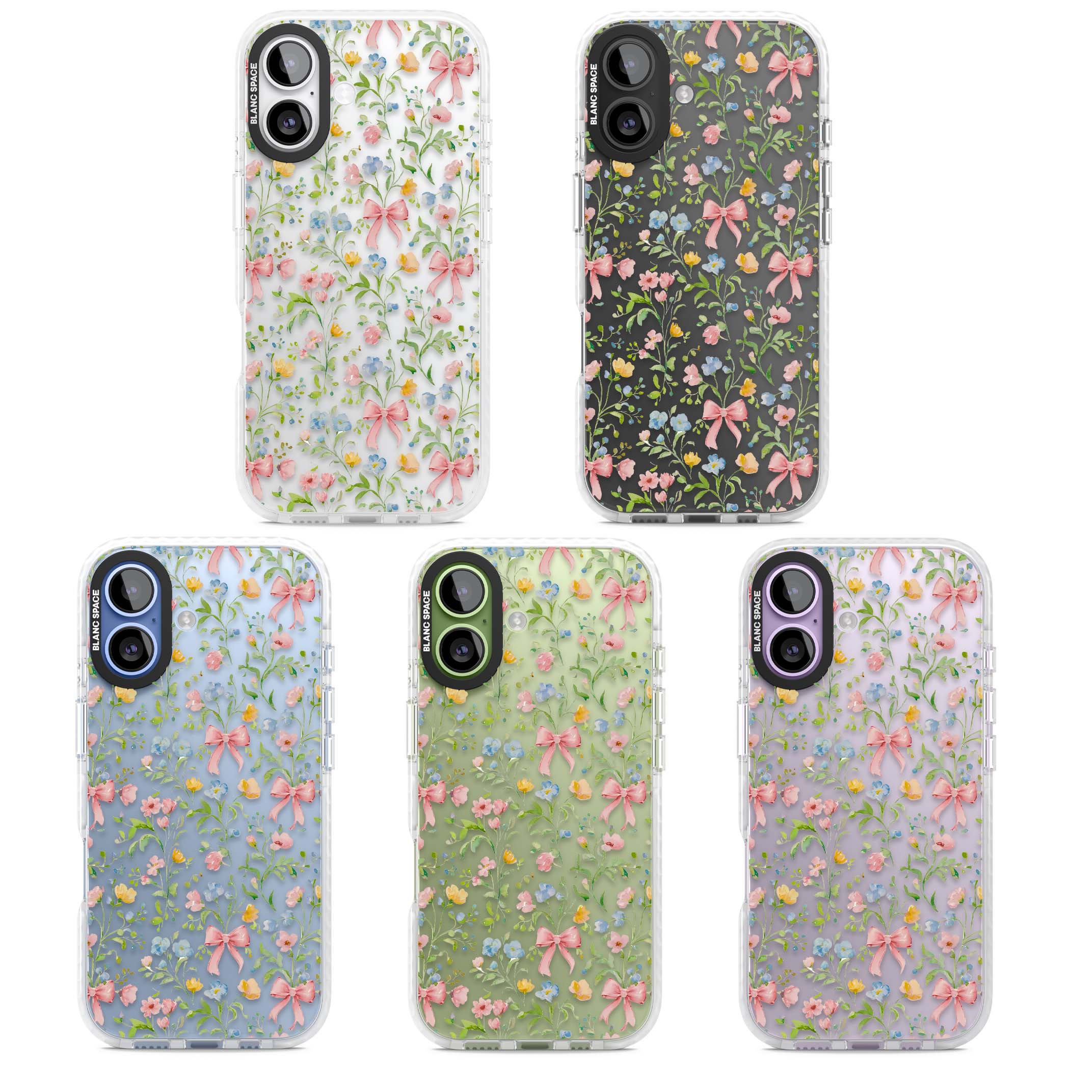 Ribbons & Wildflowers cottagecore iPhone case featuring watercolor wildflowers, pink satin bows, and delicate spring blooms o | Black Impact case for iPhone 17