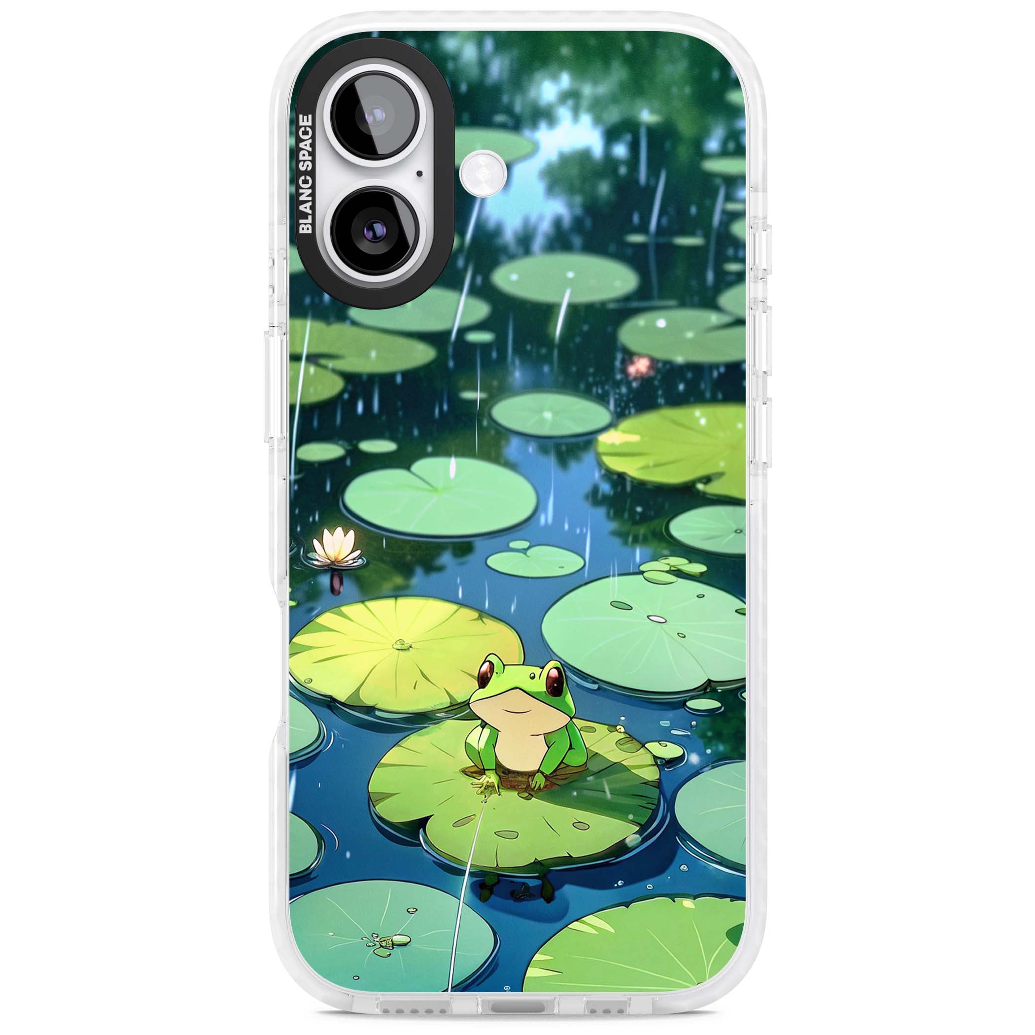 Frog In Lily Pond cottagecore iPhone case featuring a cute green frog on a lily pad with falling rain and a lotus flower | Black Impact case for iPhone 17