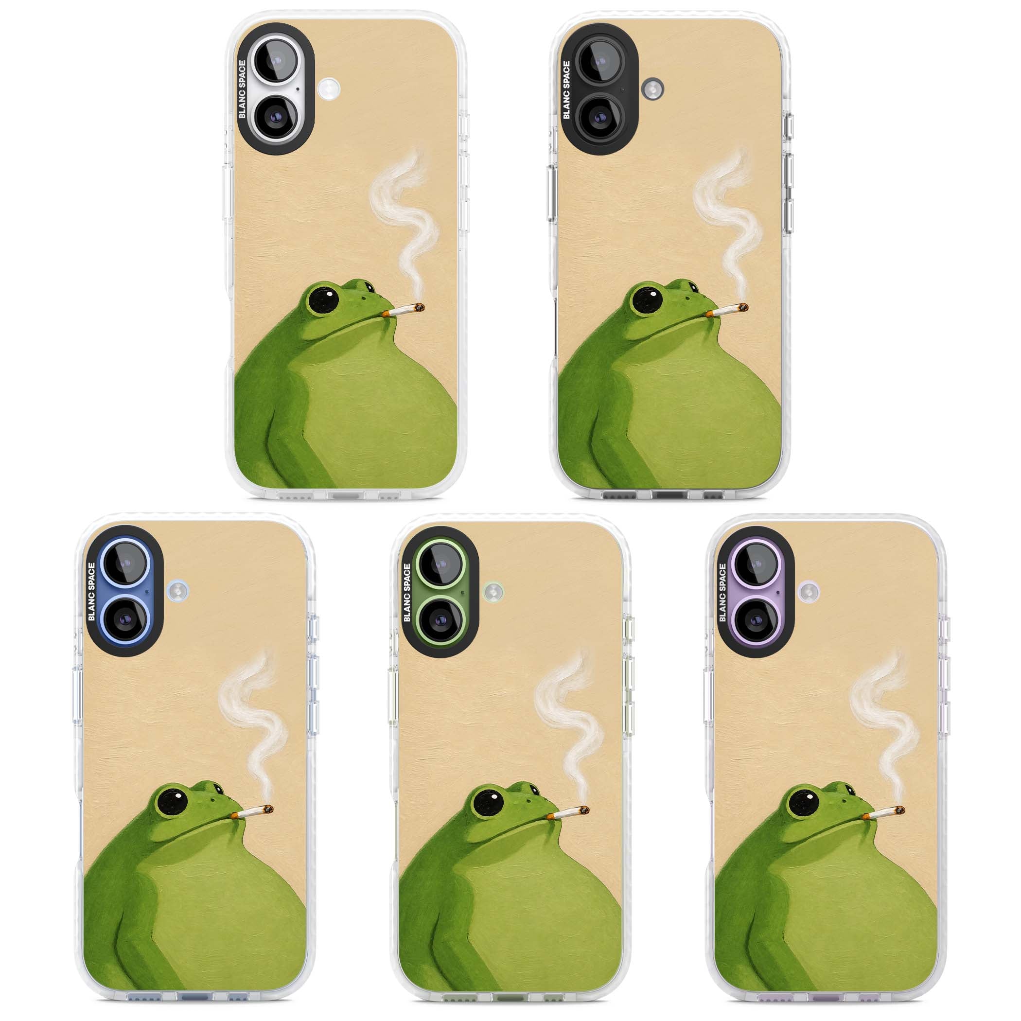The Smoking Frog cottagecore iPhone case featuring a hand-painted green frog smoking a cigarette on a cream oil painting back | Black Impact case for iPhone 17