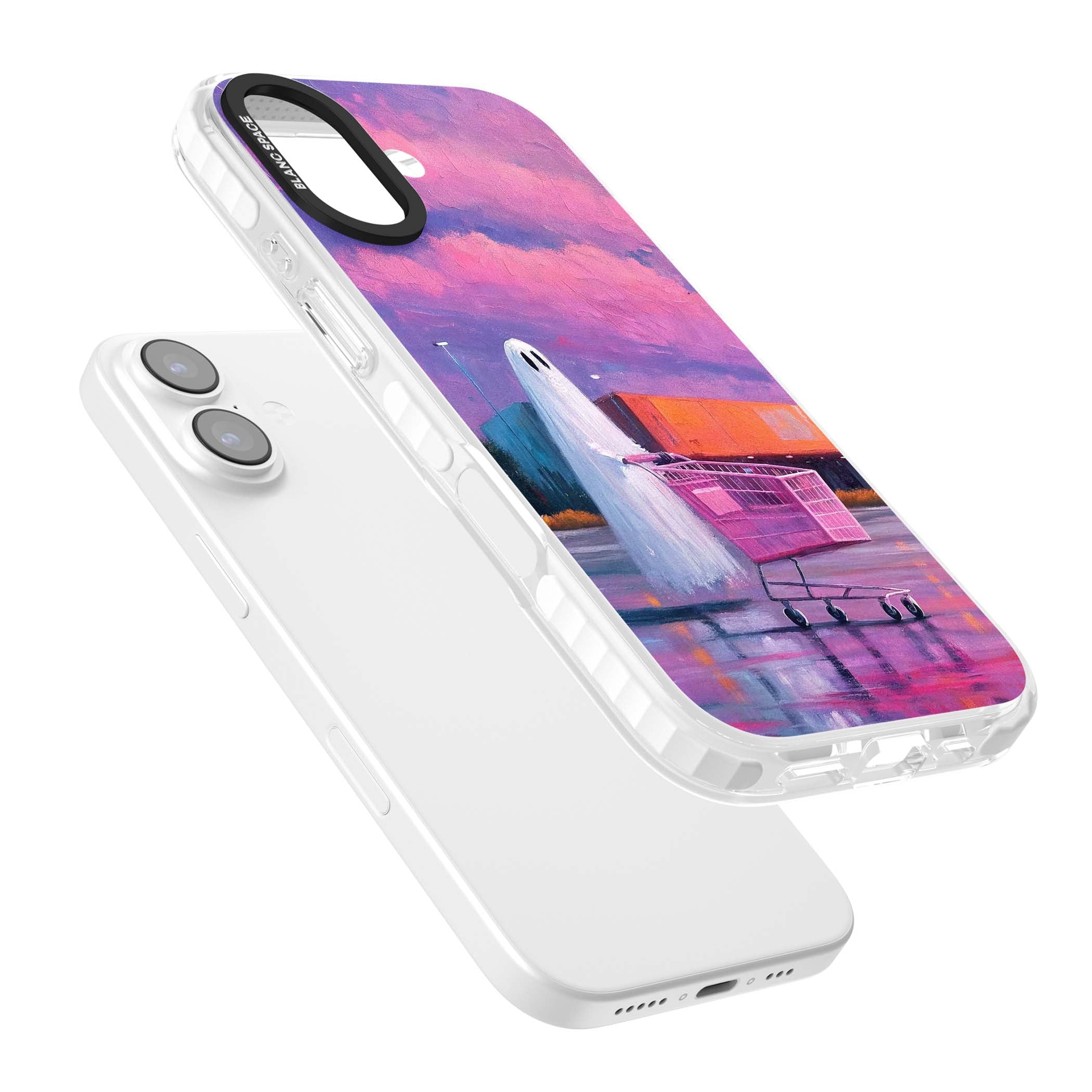 A Ghost's Errand ghost halloween iPhone case featuring a painted ghost, pink shopping trolley and purple sunset sky | Black Impact case for iPhone 17