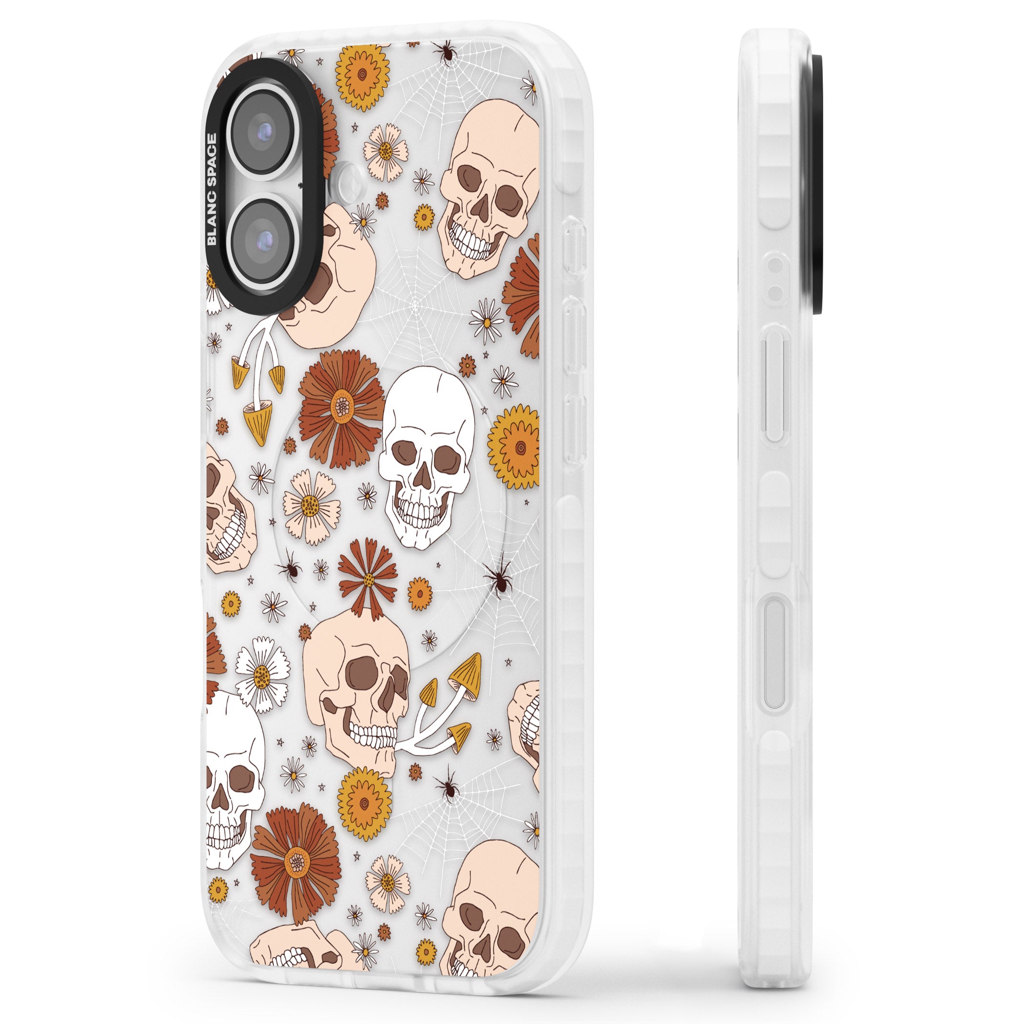 Halloween Skulls And Flowers iPhone 17 Impact Clear Phone Case Side Profile
