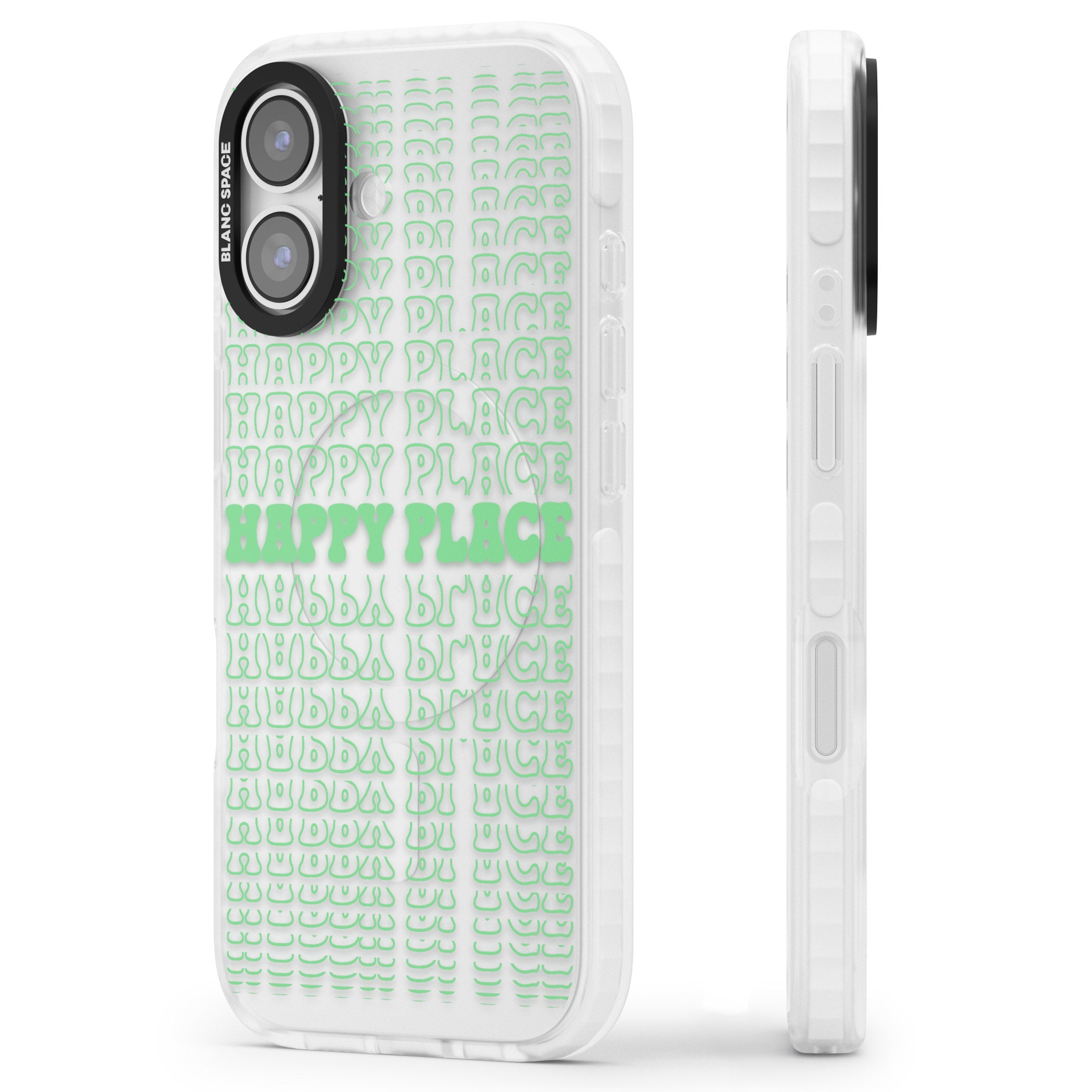 Happy Place (Green) iPhone 17 Impact Clear Phone Case Side Profile