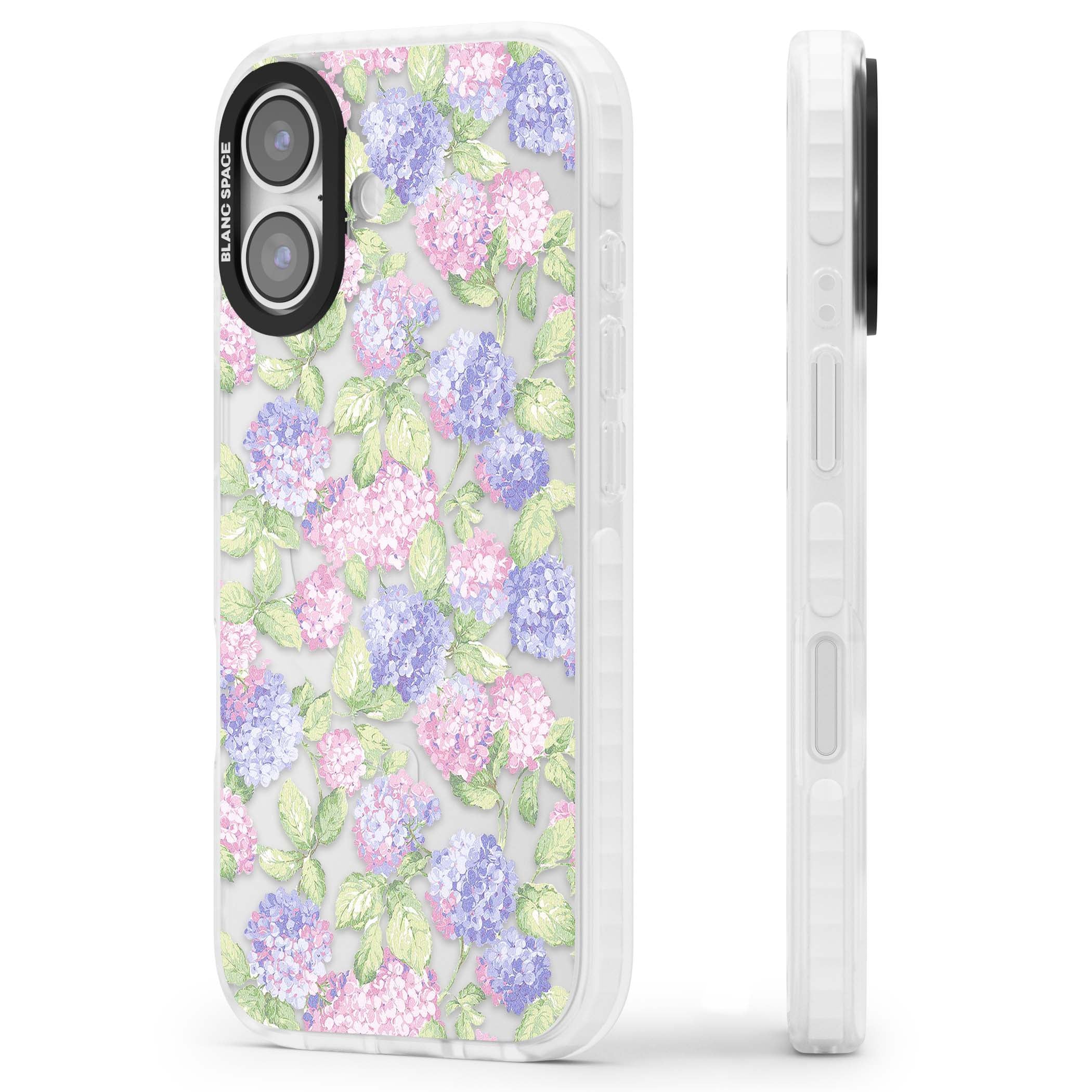 Cottage Hydrangea cottagecore iPhone case featuring pink and purple hydrangea blooms with green leaves on a clear background | Black Impact case for iPhone 17