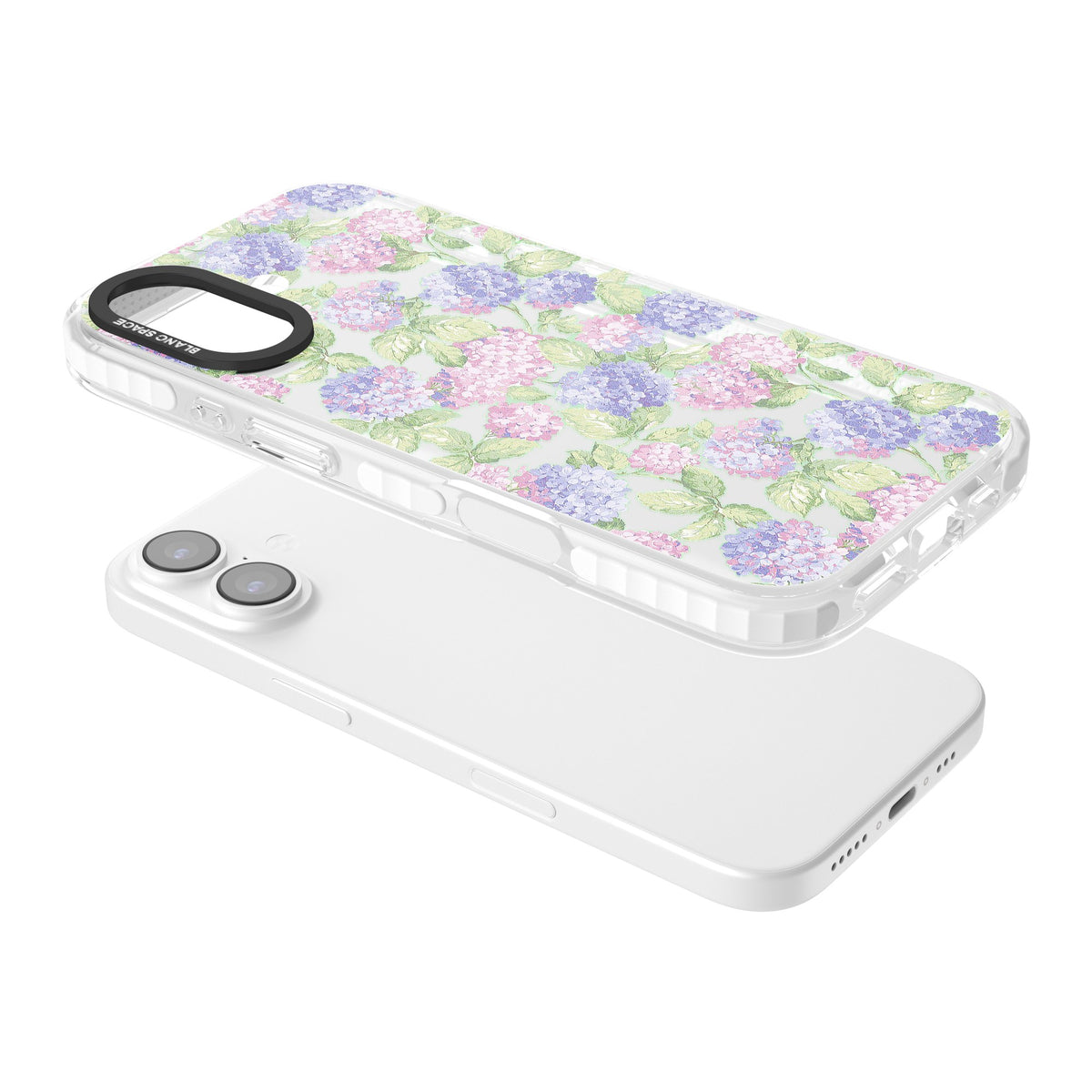 Cottage Hydrangea iPhone 16 / iPhone 16 Plus / iPhone 17 Impact Clear Phone Case angled