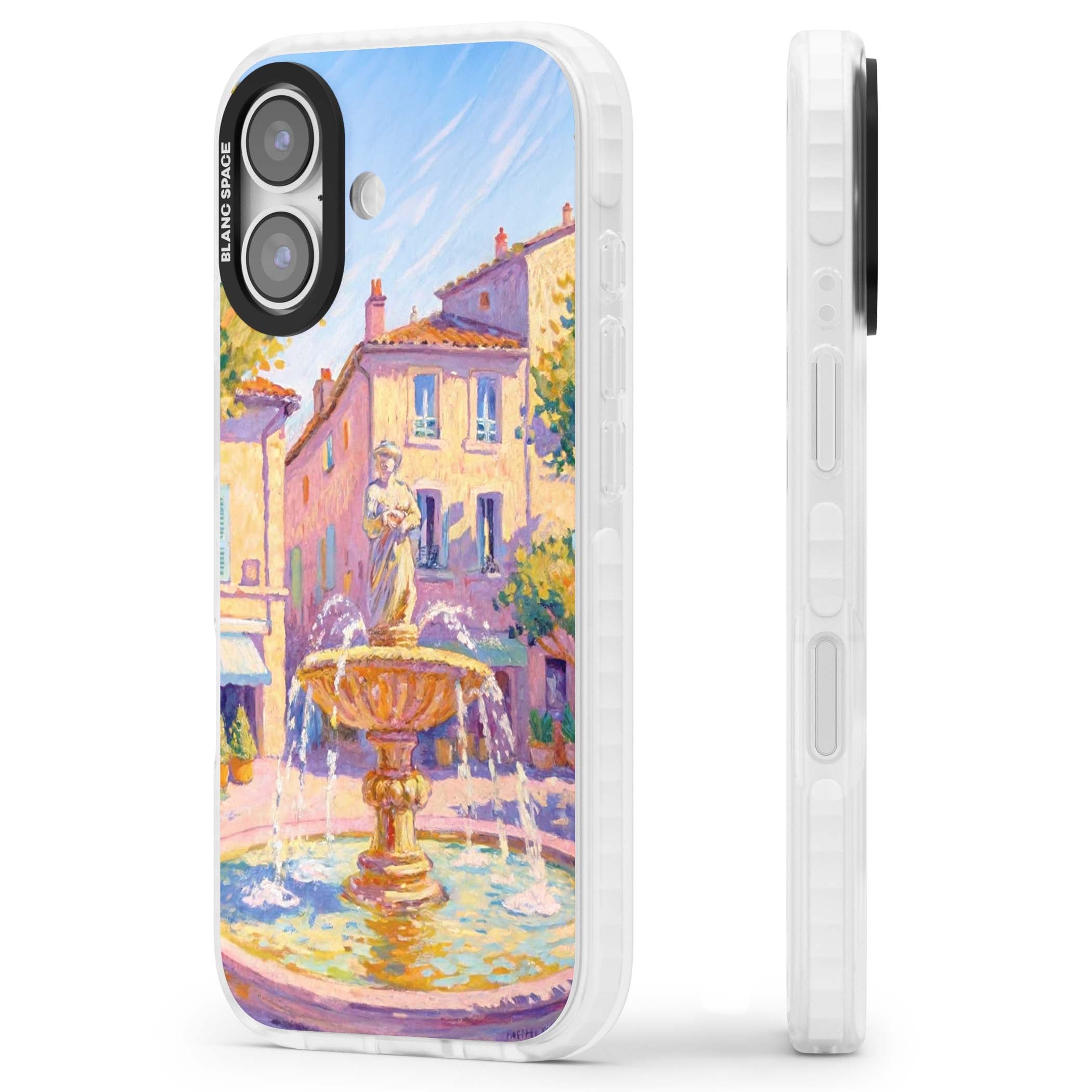 Fountain Square fine art iPhone case featuring an impressionist Provençal fountain, pastel village buildings and summe | Black Impact case for iPhone 17
