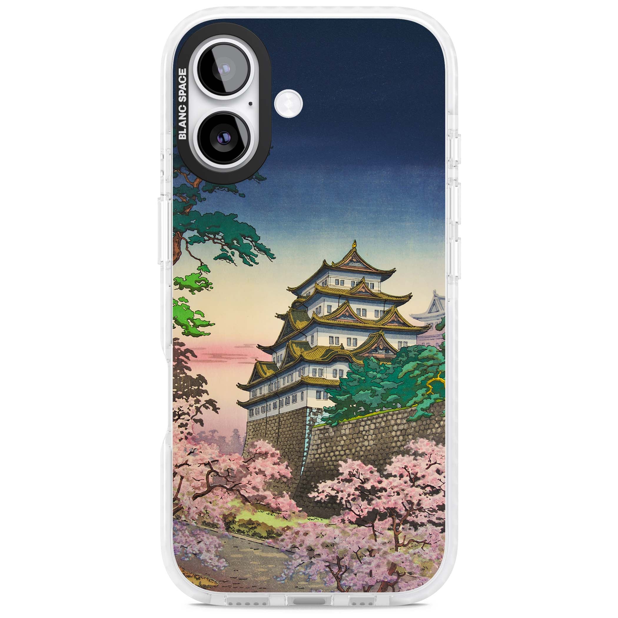 Nagoya Castle Japanese iPhone case featuring a vintage pagoda, twilight sky and cherry blossom trees | Black Impact case for iPhone 17