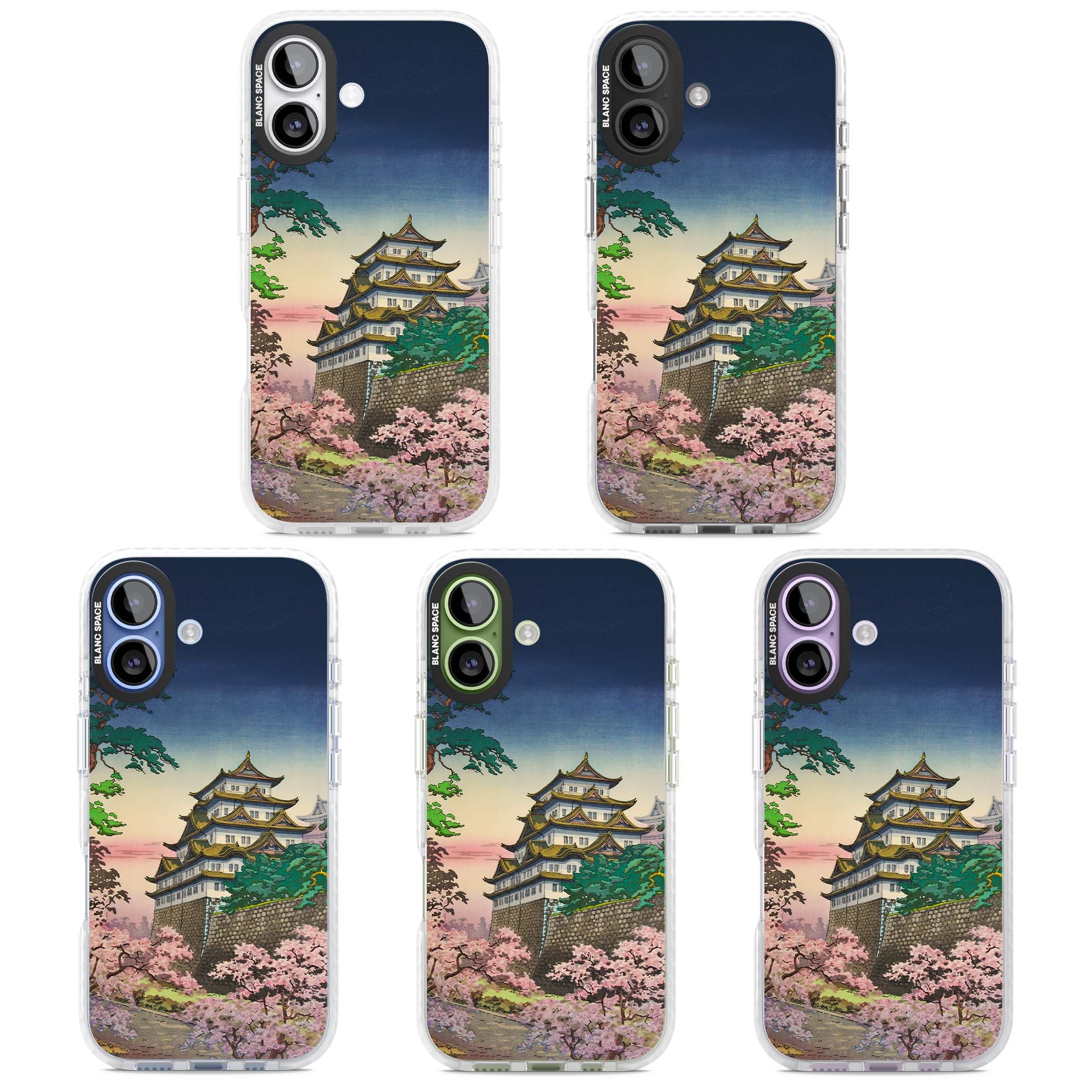 Nagoya Castle Japanese iPhone case featuring a vintage pagoda, twilight sky and cherry blossom trees | Black Impact case for iPhone 17