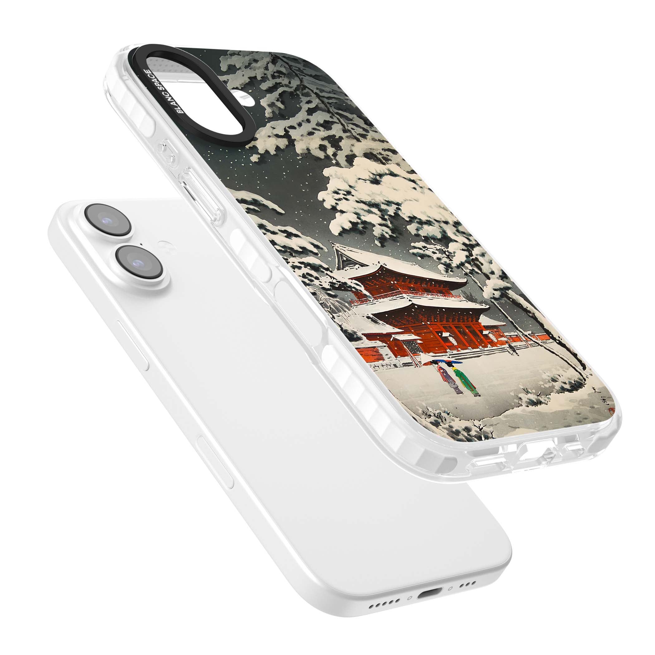 Snow at Shiha Park, Tokyo Japanese art iPhone case featuring a vintage ukiyo-e snowy temple, red pagoda, and snow-covered pin | Black Impact case for iPhone 17