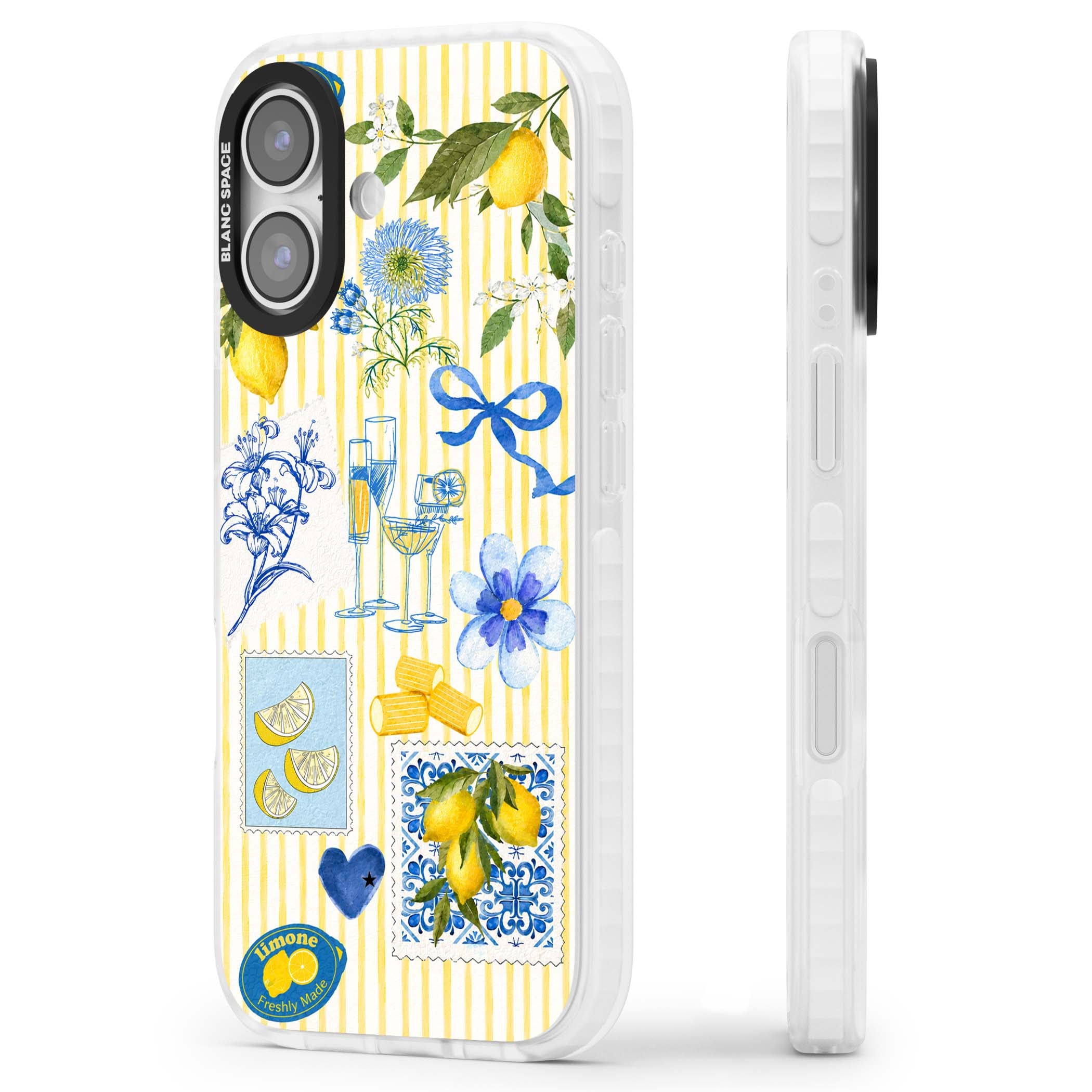Limone Riviera Italian summer iPhone case featuring watercolour lemons, blue ribbon bows and majolica tile stamps on... | Black Impact case for iPhone 17