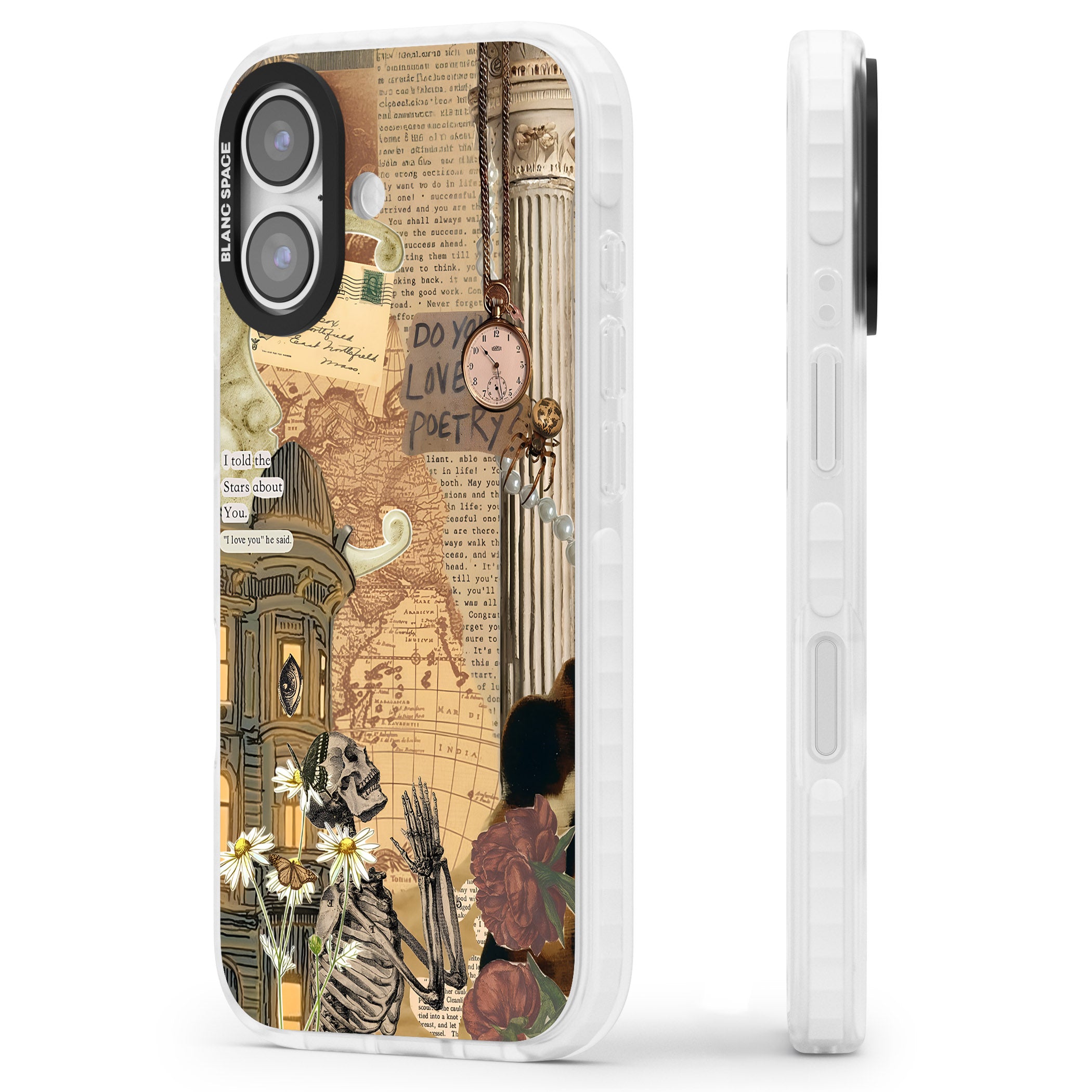 Skeleton Poetry iPhone 17 Impact Pro Clear Phone Case Side Profile