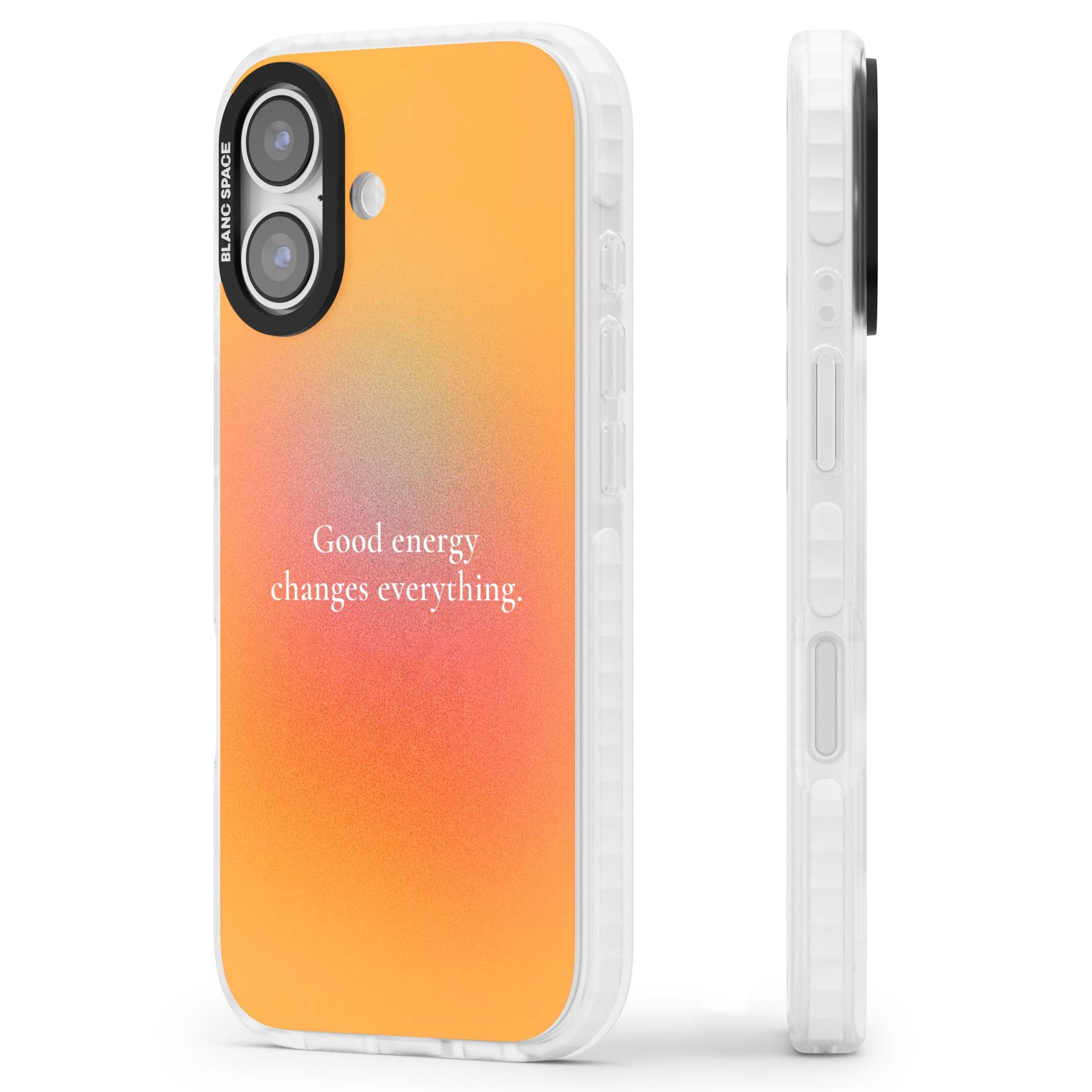 Good Energy quote iPhone case featuring an orange and pink aura gradient with white serif affirmation text | Impact Magsafe case for iPhone 17