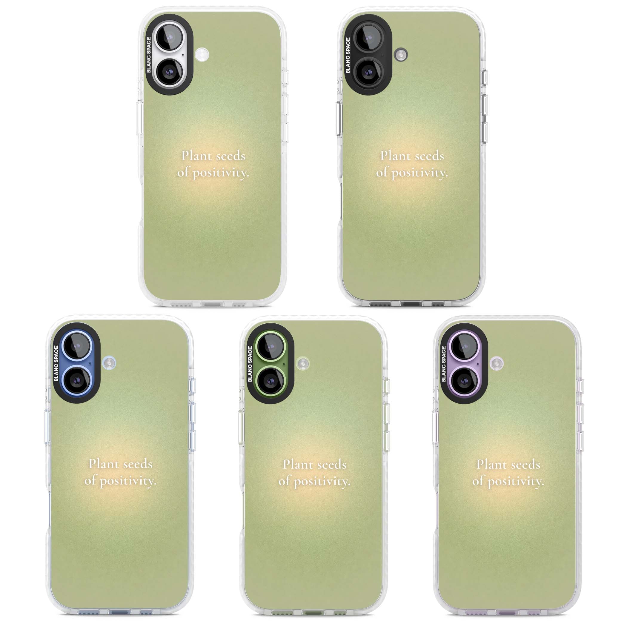 Seeds of Positivity quote iPhone case featuring a sage green aura gradient and golden glow affirmation | Impact Magsafe case for iPhone 17