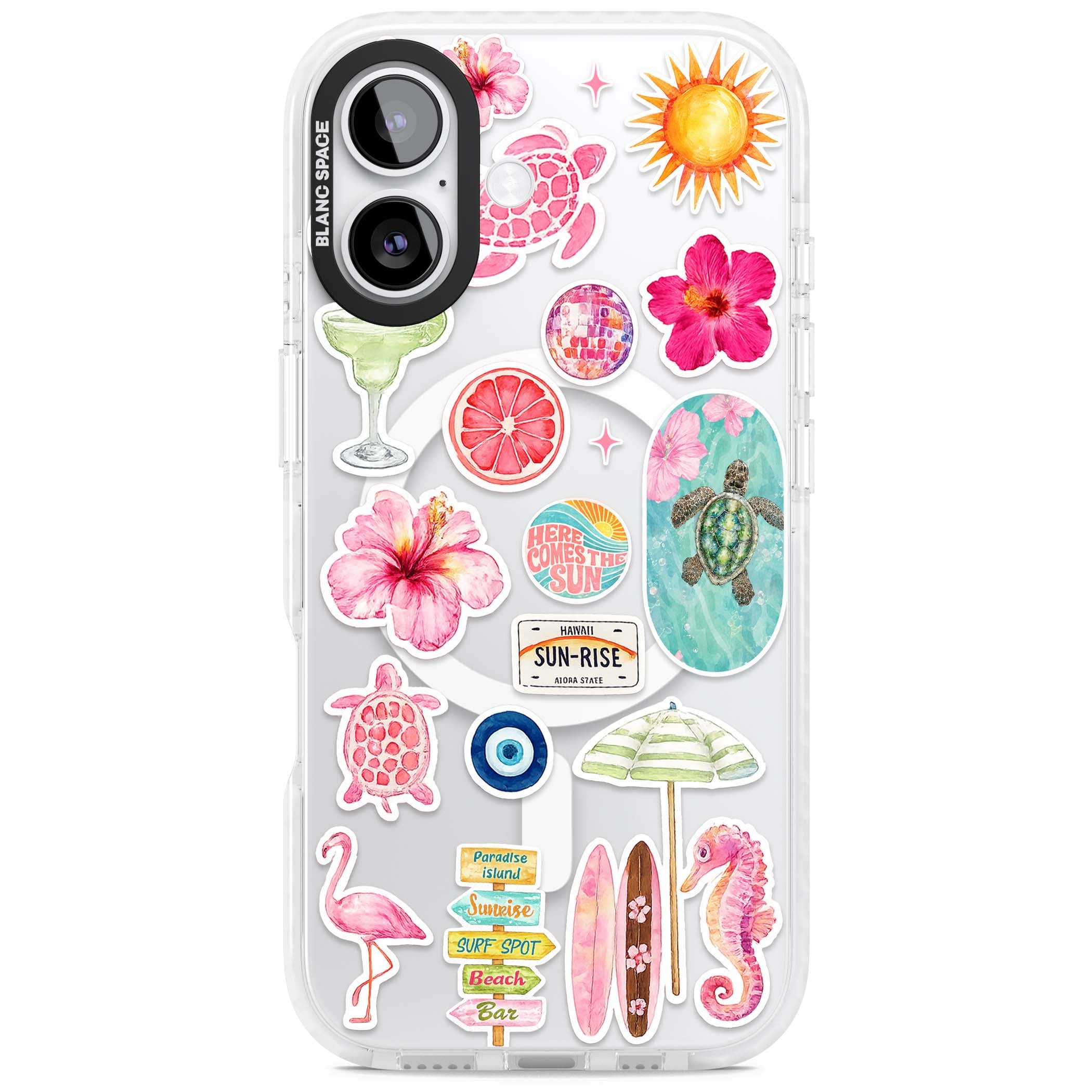 Aloha Sticker Mix tropical summer iPhone case featuring pink hibiscus, sea turtles, flamingo and beach umbrella stickers | Impact Magsafe case for iPhone 17