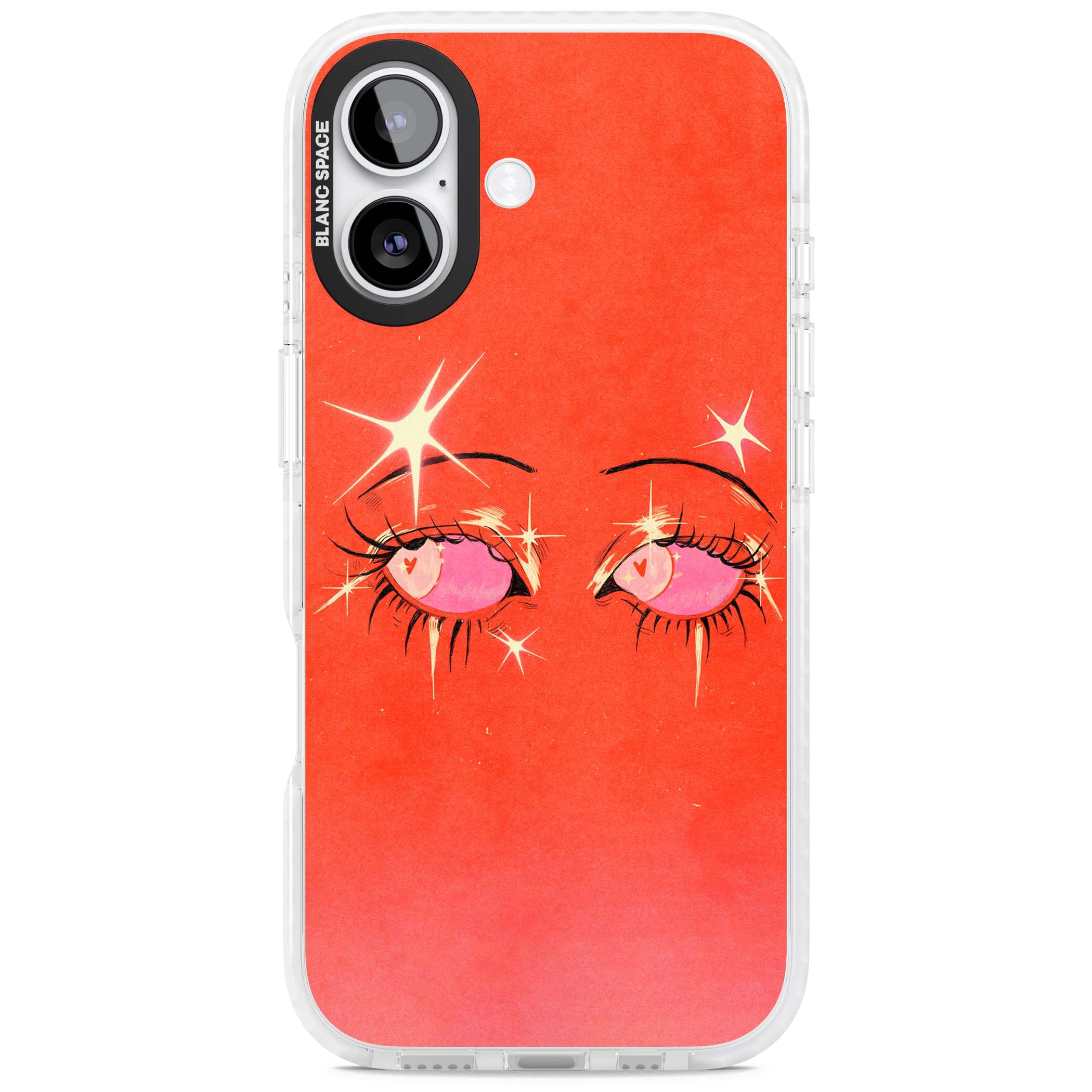 Pink Ethereal Eyes anime iPhone case featuring hand-drawn sparkly eyes with pink hearts and gold stars on red | Impact Magsafe case for iPhone 17