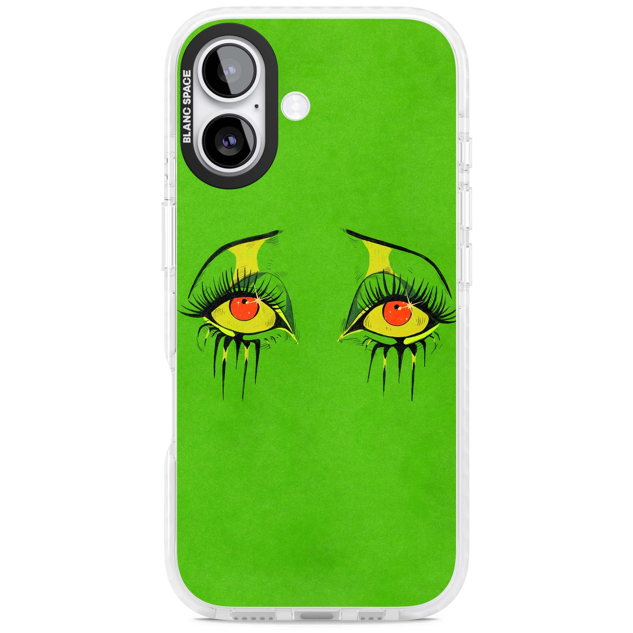 Green Enchanted Eyes psychedelic art iPhone case featuring hand-drawn dripping eyes on neon green background | Impact Magsafe case for iPhone 17
