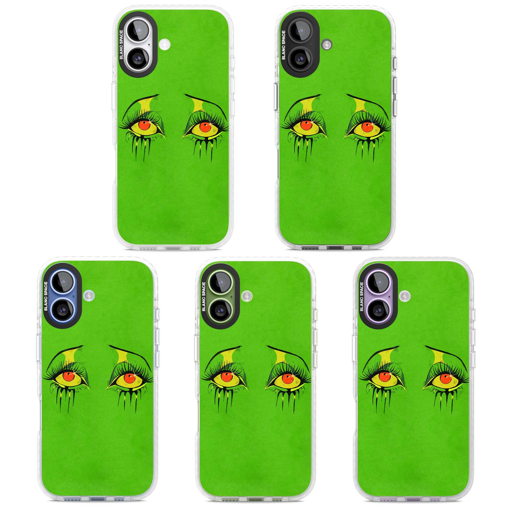 Green Enchanted Eyes psychedelic art iPhone case featuring hand-drawn dripping eyes on neon green background | Impact Magsafe case for iPhone 17