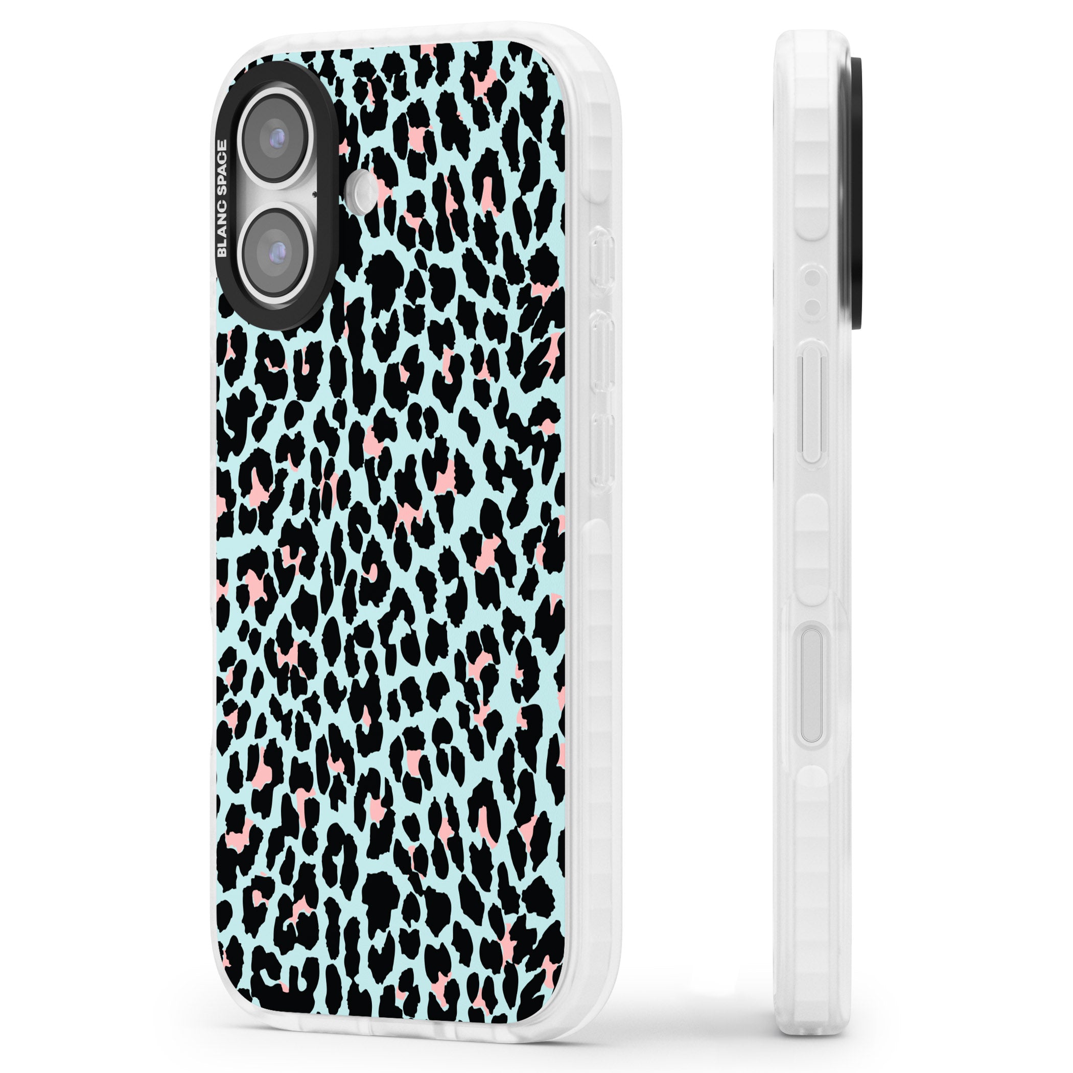 Pastel Blue & Pink Leopard Print iPhone 17 Impact Pro Clear Phone Case Side Profile