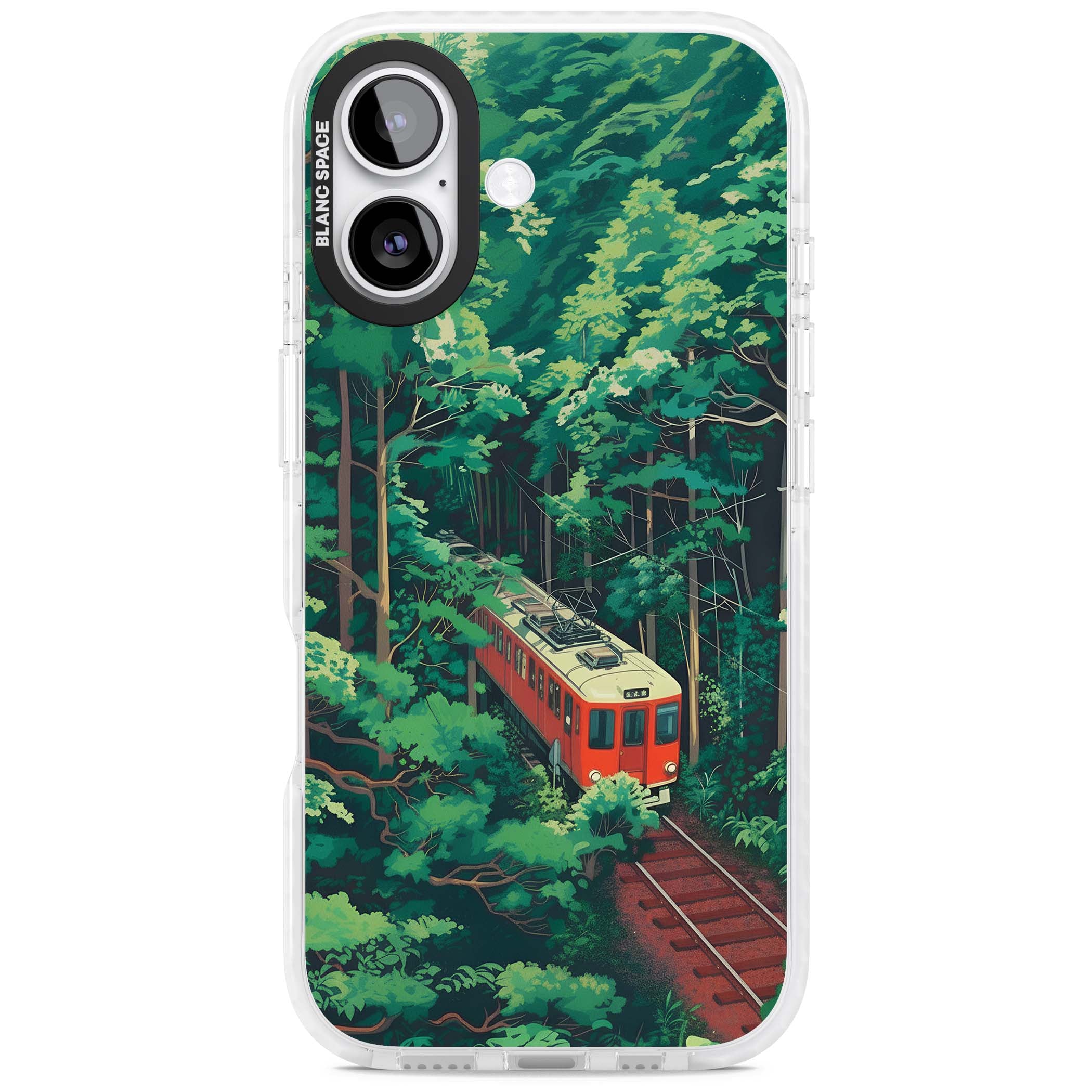 Railway In Toyama Japanese iPhone case featuring a red train, cedar forest and winding mountain railway tracks | Impact Magsafe case for iPhone 17