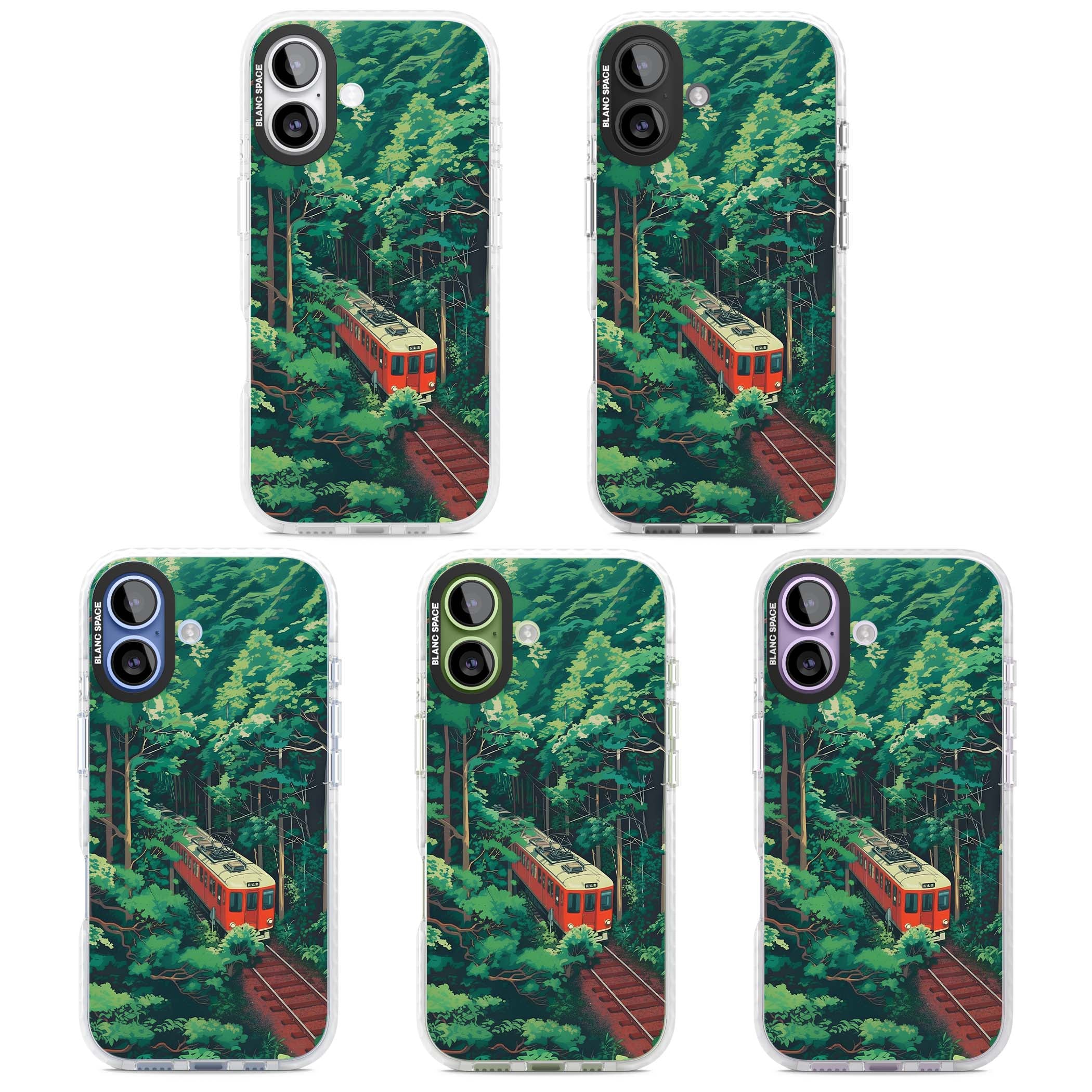 Railway In Toyama Japanese iPhone case featuring a red train, cedar forest and winding mountain railway tracks | Impact Magsafe case for iPhone 17
