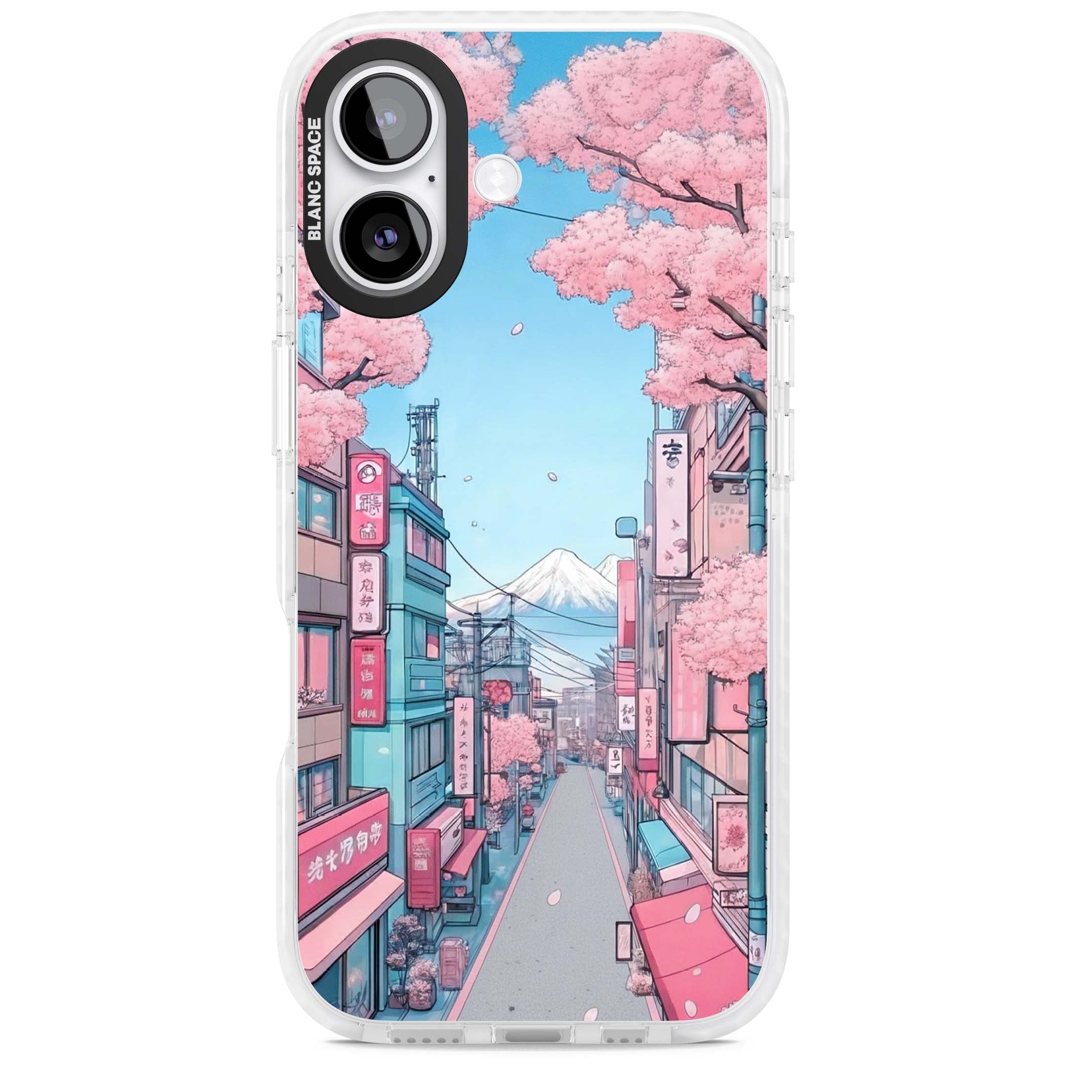 Sakura Lane anime iPhone case featuring Tokyo street scene with cherry blossoms and Mount Fuji | Impact Magsafe case for iPhone 17
