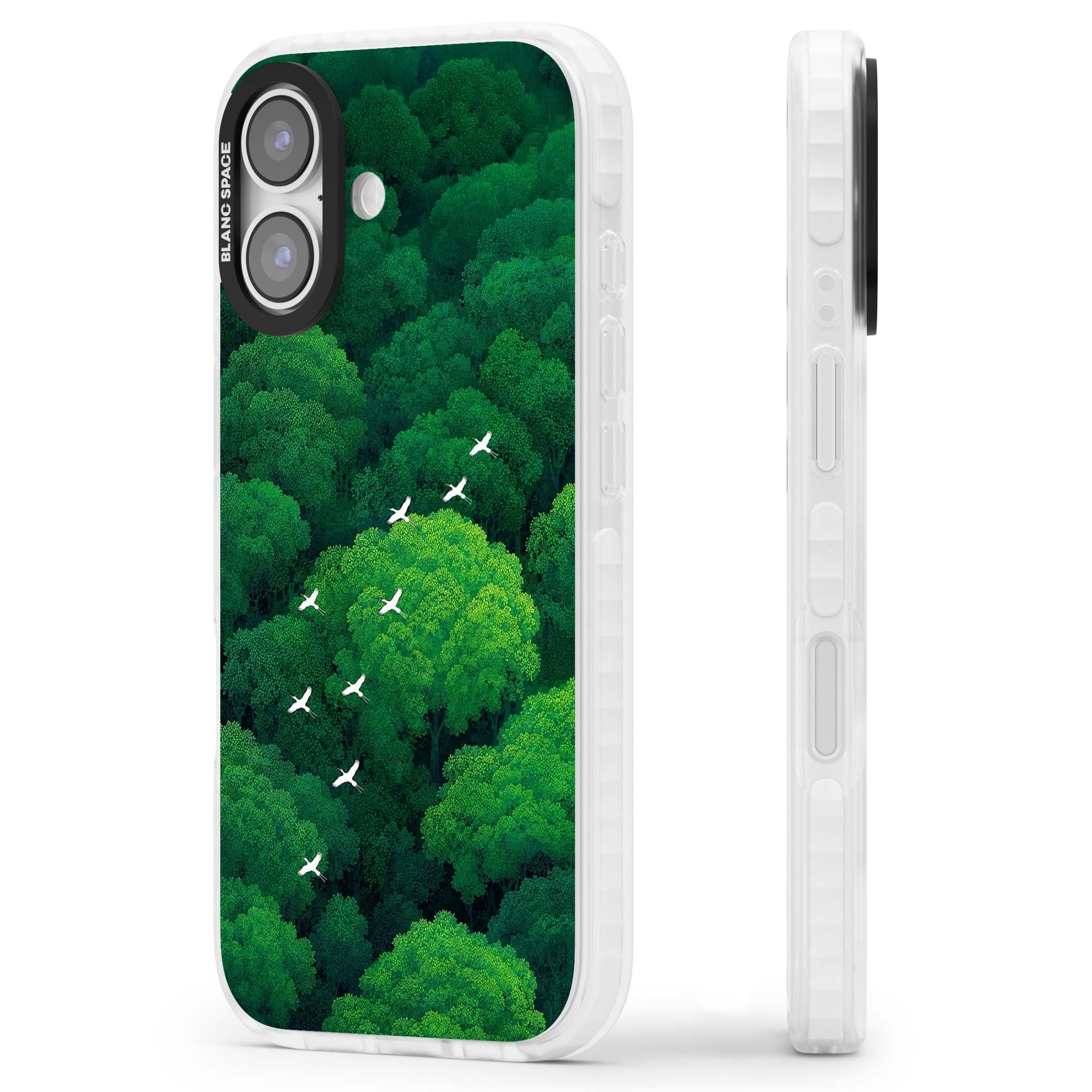 Grove Migration forest iPhone case featuring white cranes flying over lush green treetop canopy | Impact Magsafe case for iPhone 17