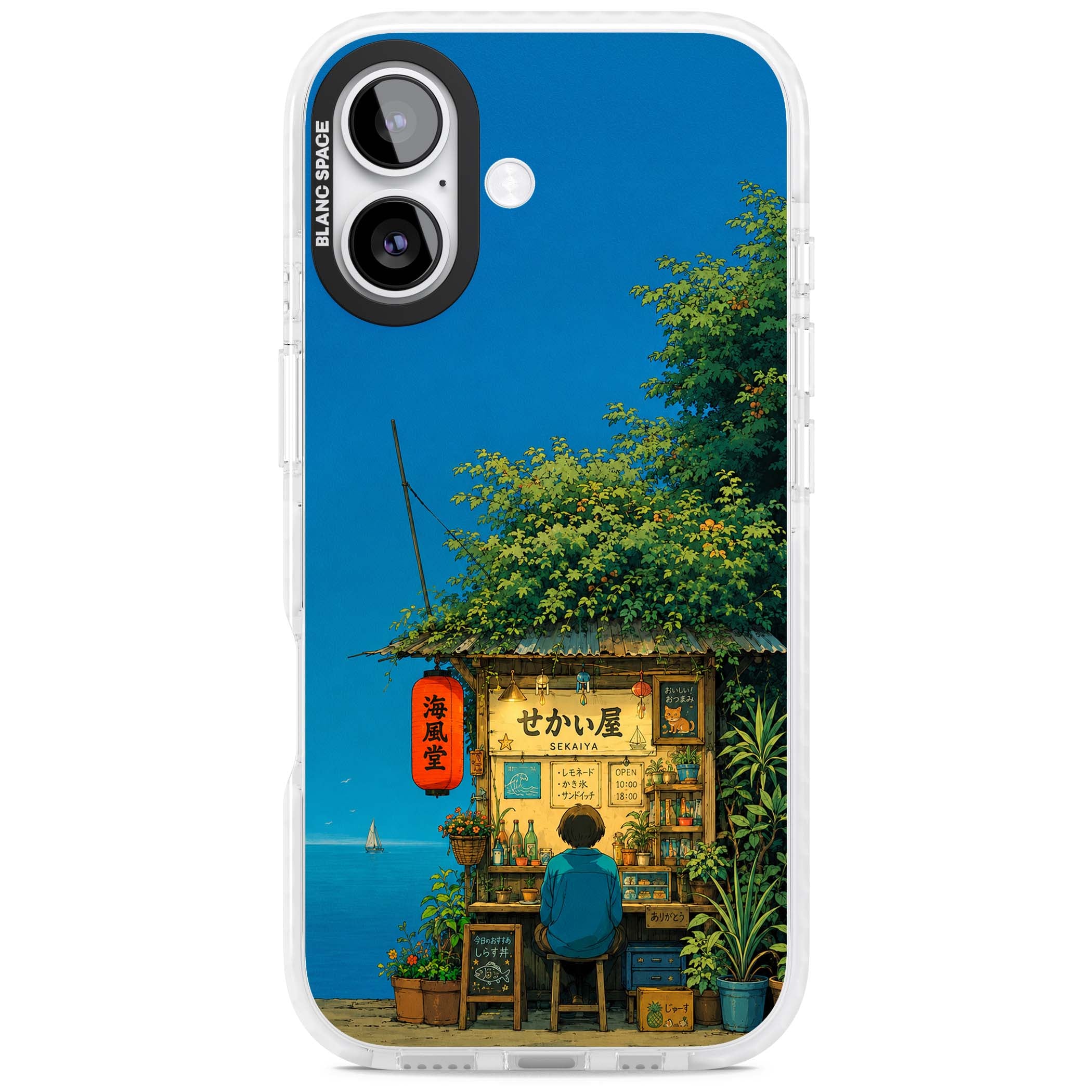 The Shirahama Kiosk anime iPhone case featuring a Japanese seaside shop, red paper lantern and ocean view | Impact Magsafe case for iPhone 17