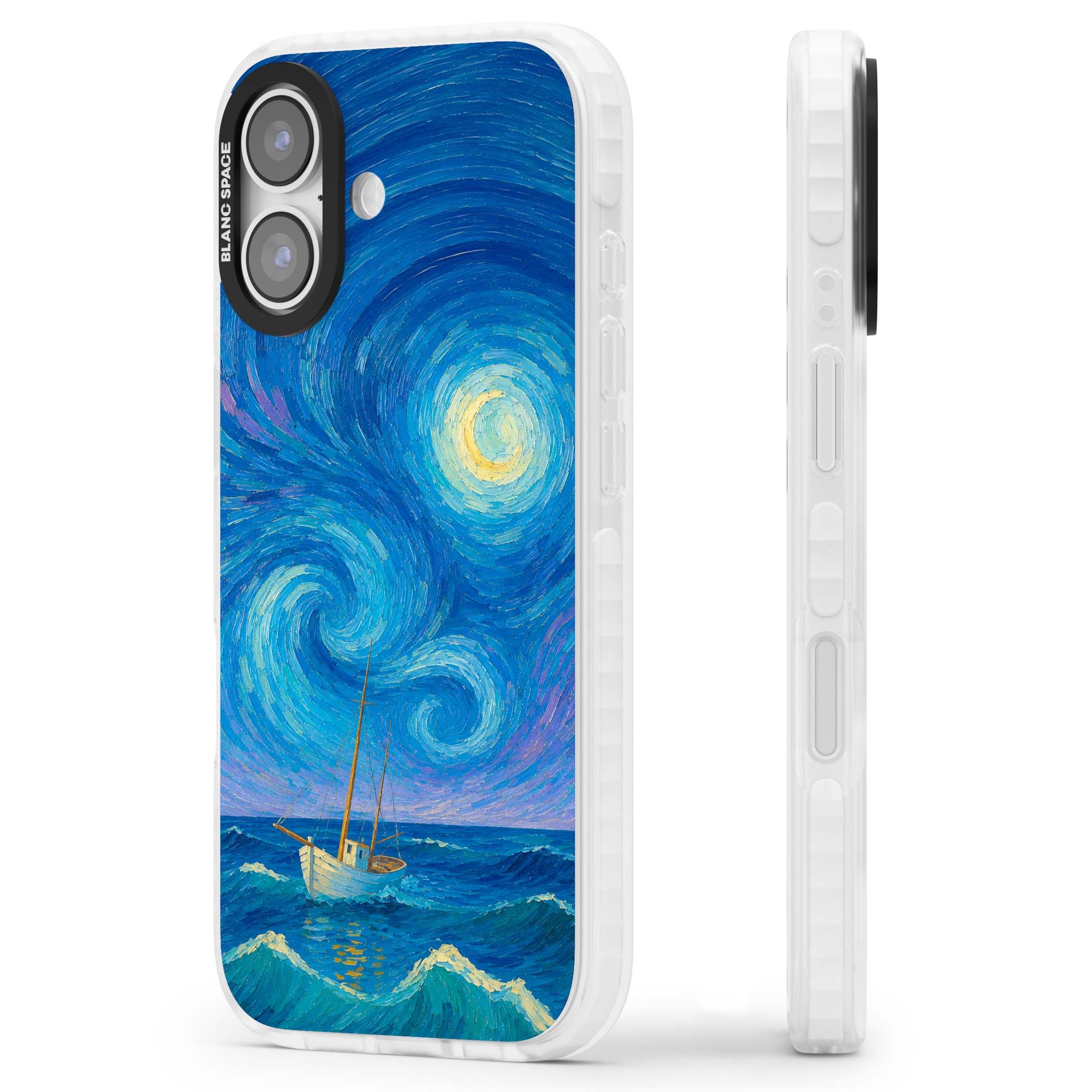 Moonlit Tide Van Gogh art iPhone case featuring swirling starry night sky, glowing moon and lone sailing boat at sea | Impact Magsafe case for iPhone 17