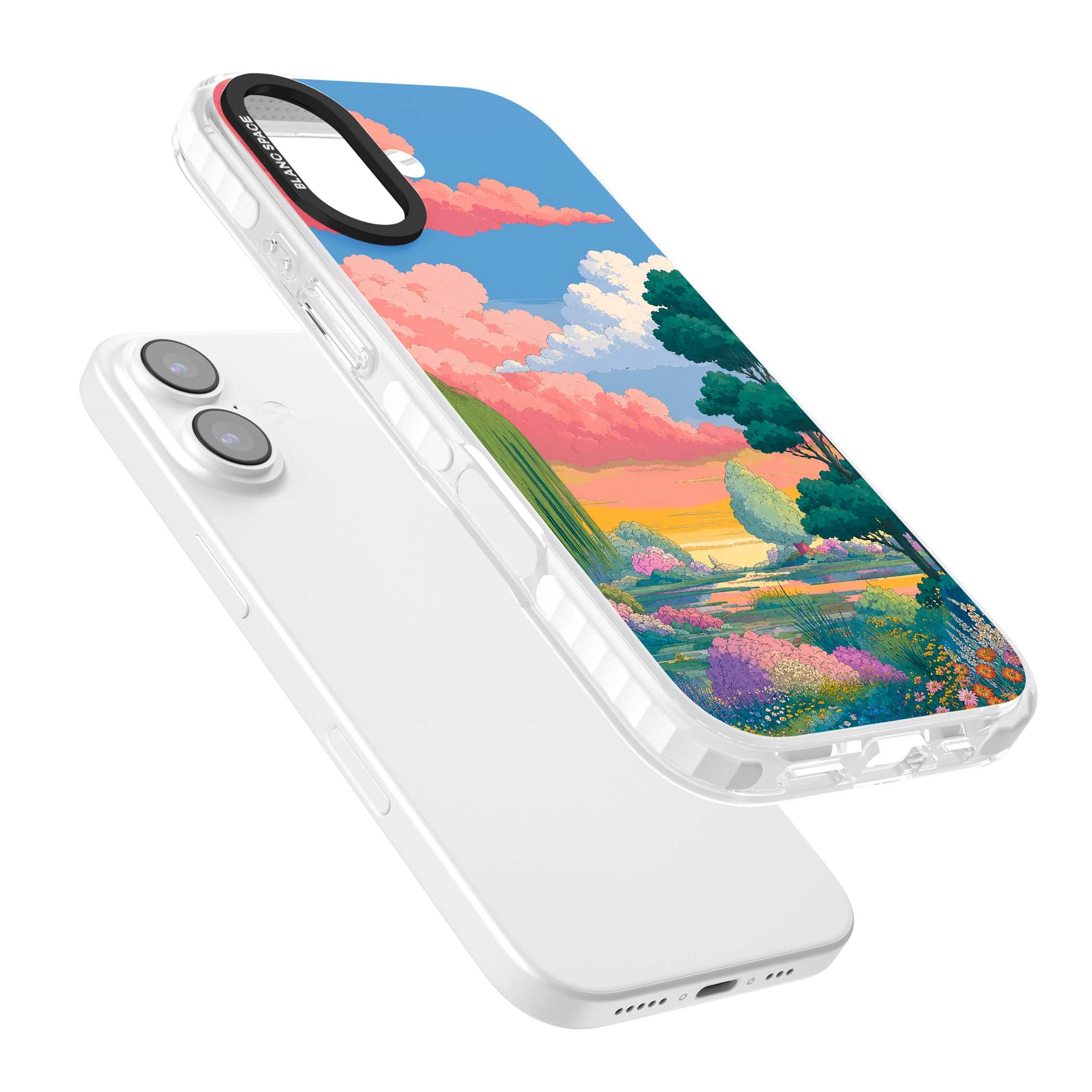 Dream Valley anime landscape iPhone case featuring pink sunset clouds, willow trees and wildflowers | Impact Magsafe case for iPhone 17