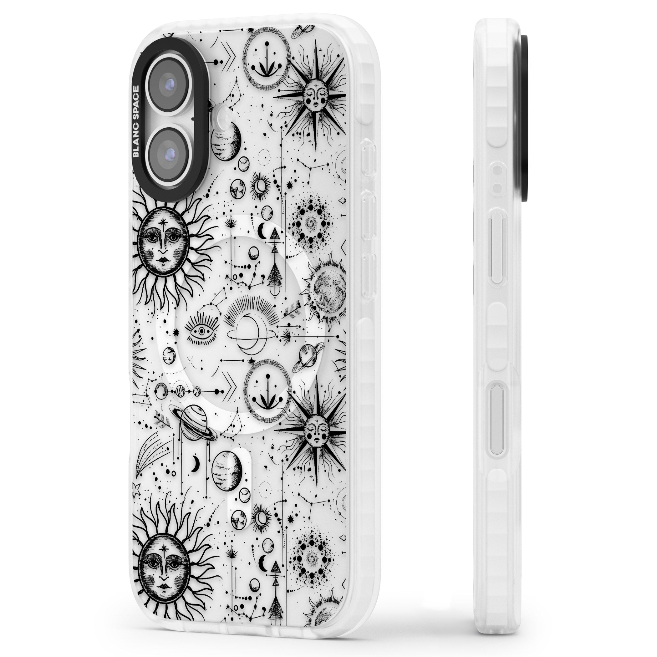 Cosmic Sun & Planets Zodiac iPhone 17 Impact Pro Clear Phone Case Side Profile