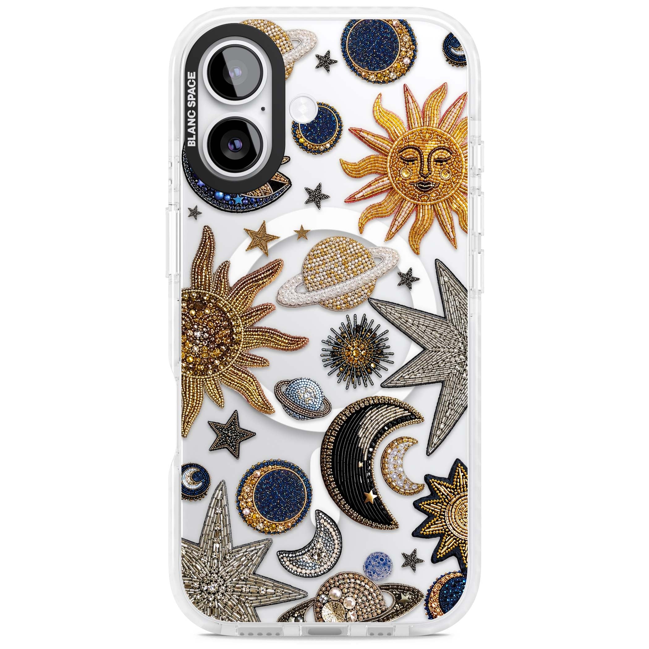 Beaded Cosmos celestial iPhone case featuring embroidered golden suns, beaded planets and silver shooting stars | Impact Magsafe case for iPhone 17