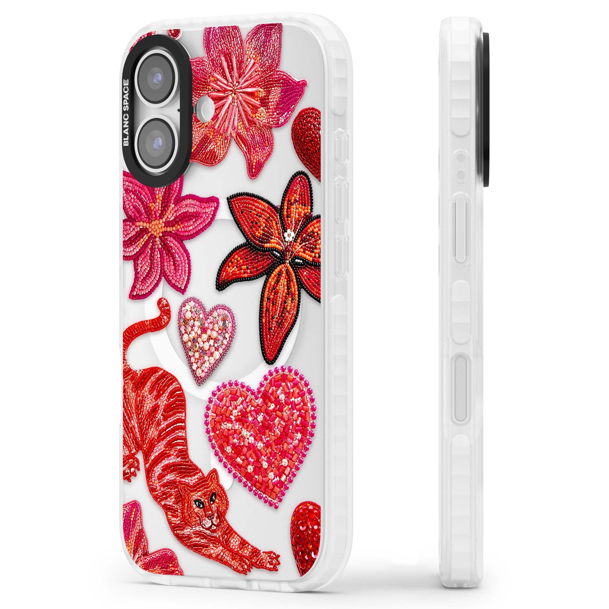 Beaded Boho floral iPhone case featuring beaded red lilies, a stitched tiger, and pearl-encrusted hearts on clear | Impact Magsafe case for iPhone 17
