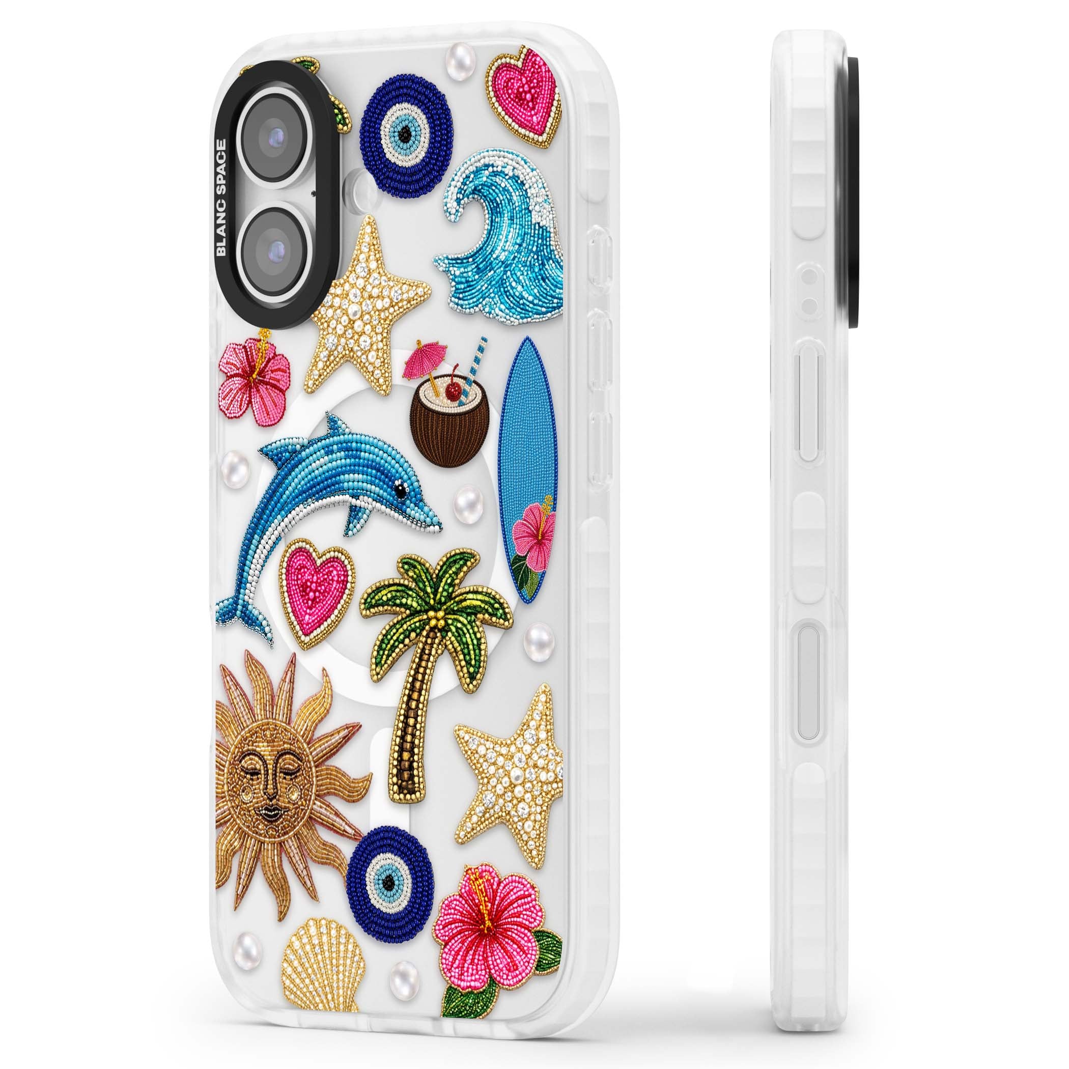 Beaded Beach coastal summer iPhone case featuring embroidered evil eye, hibiscus flowers, dolphin and palm tree patches | Impact Magsafe case for iPhone 17