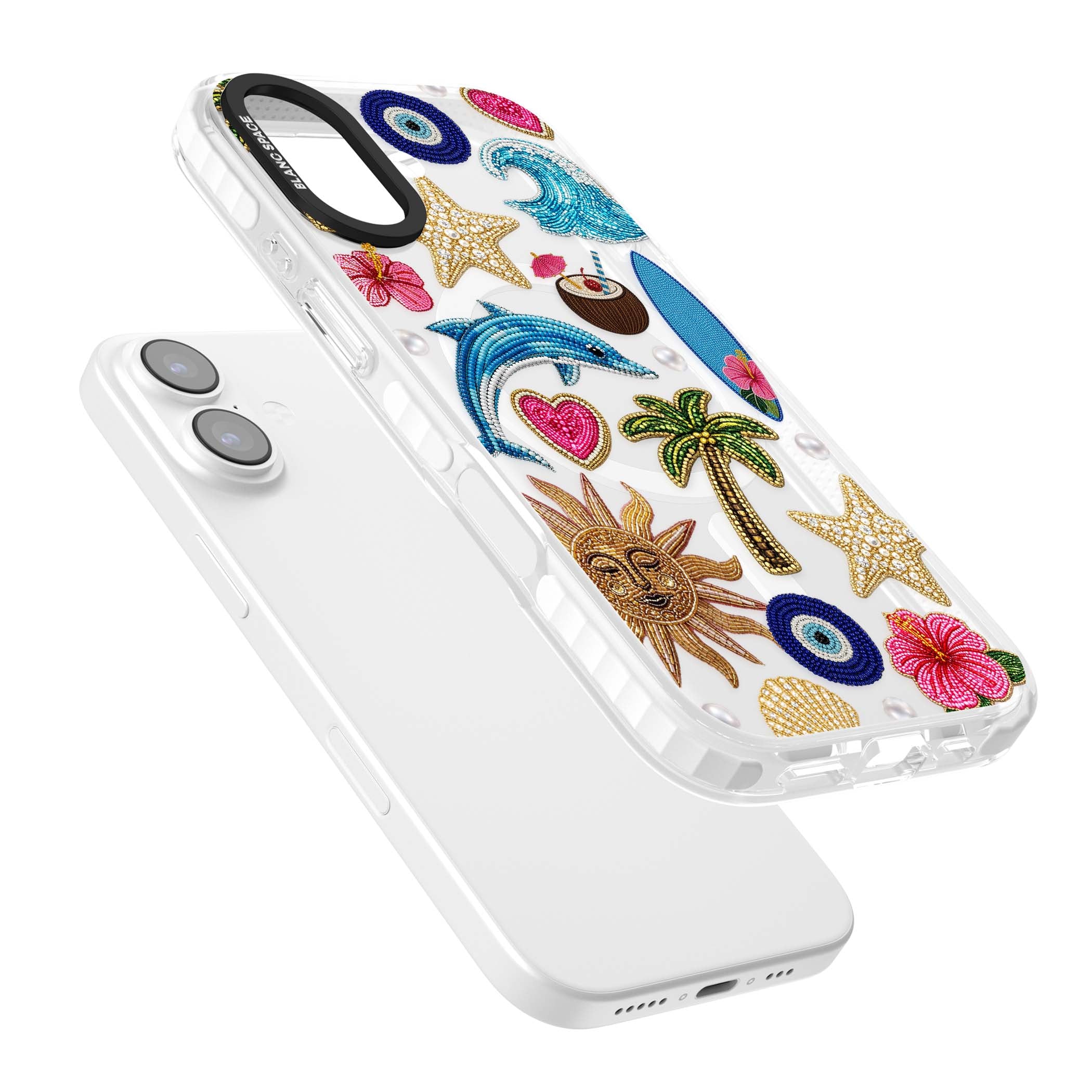 Beaded Beach coastal summer iPhone case featuring embroidered evil eye, hibiscus flowers, dolphin and palm tree patches | Impact Magsafe case for iPhone 17