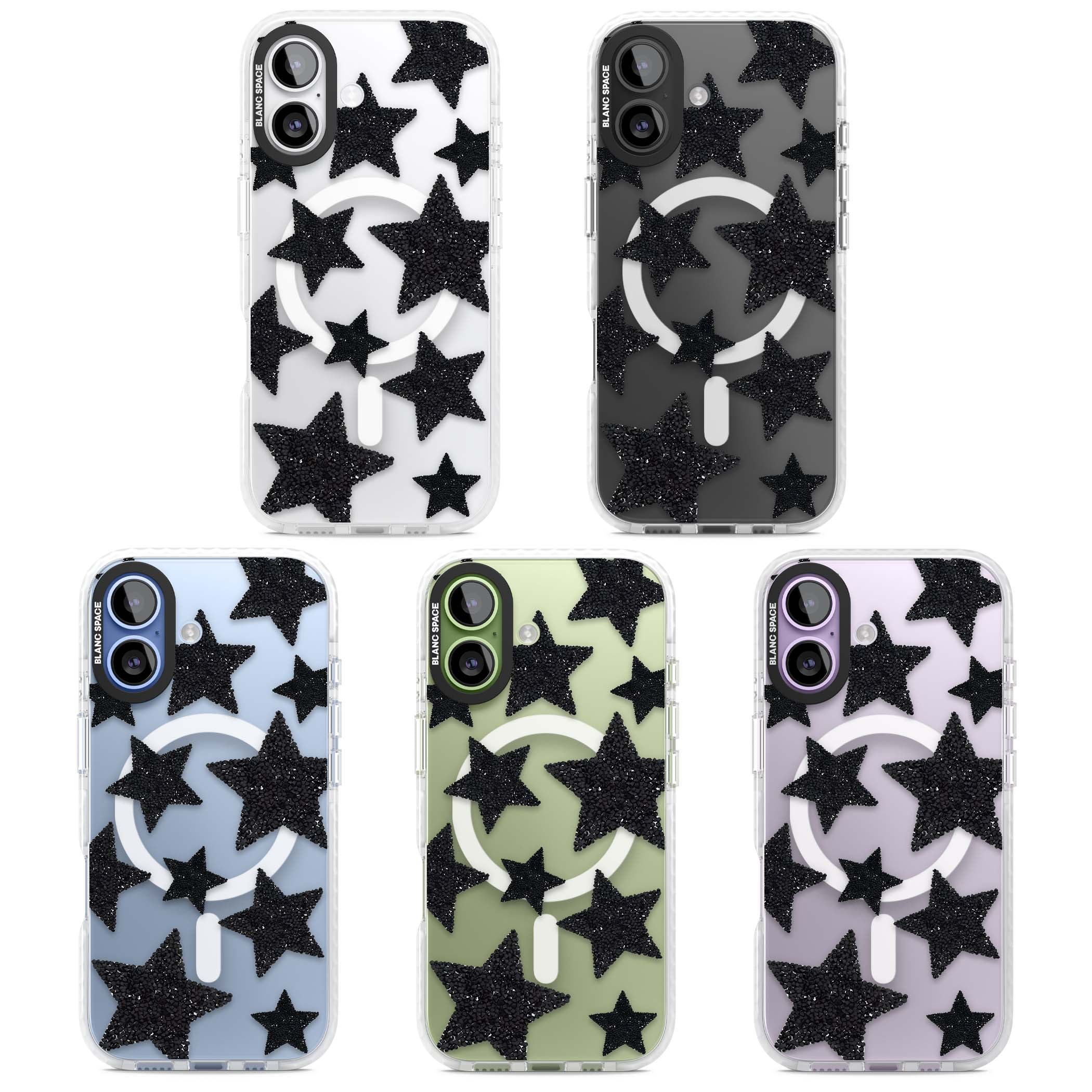 Beaded Black Stars celestial iPhone case featuring black glitter beaded stars scattered on a clear background | Impact Magsafe case for iPhone 17