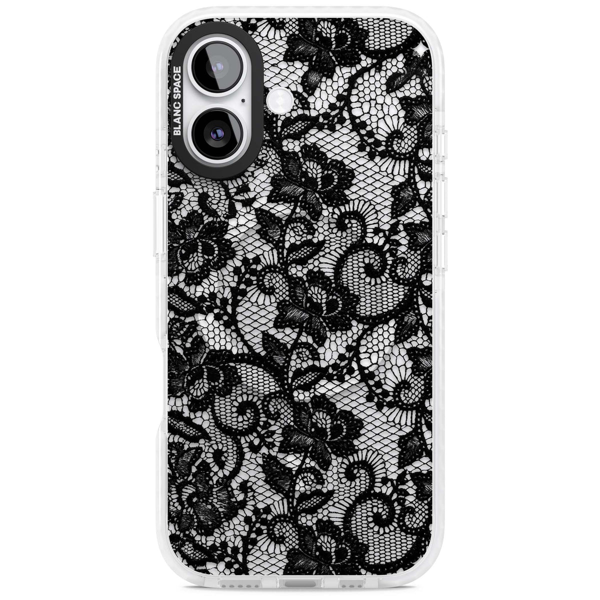 Black Lace gothic iPhone case featuring intricate black floral lace pattern with vintage whimsigoth detail | Impact Magsafe case for iPhone 17