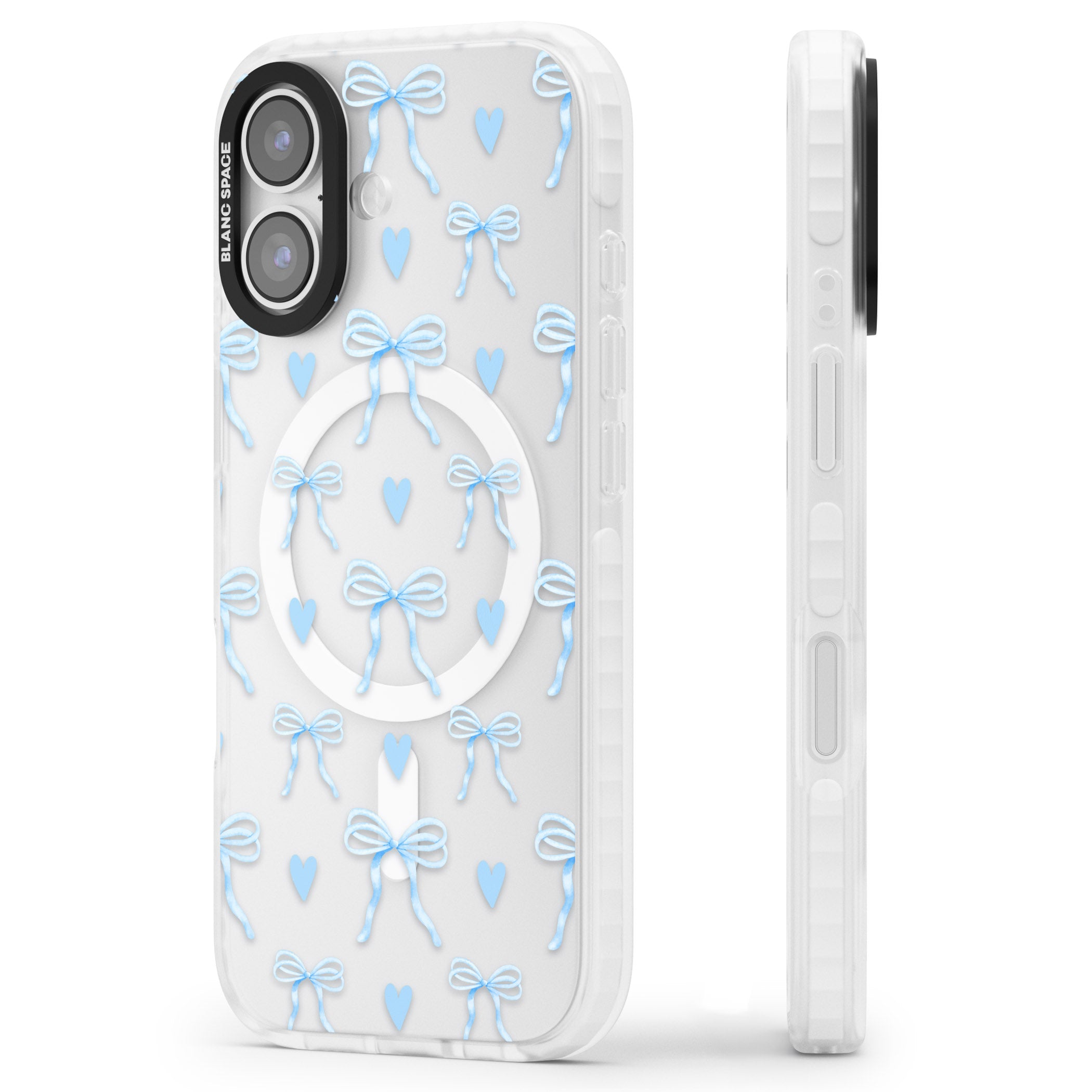 Blue Bows & Hearts iPhone 17 Impact Pro Clear Phone Case Side Profile