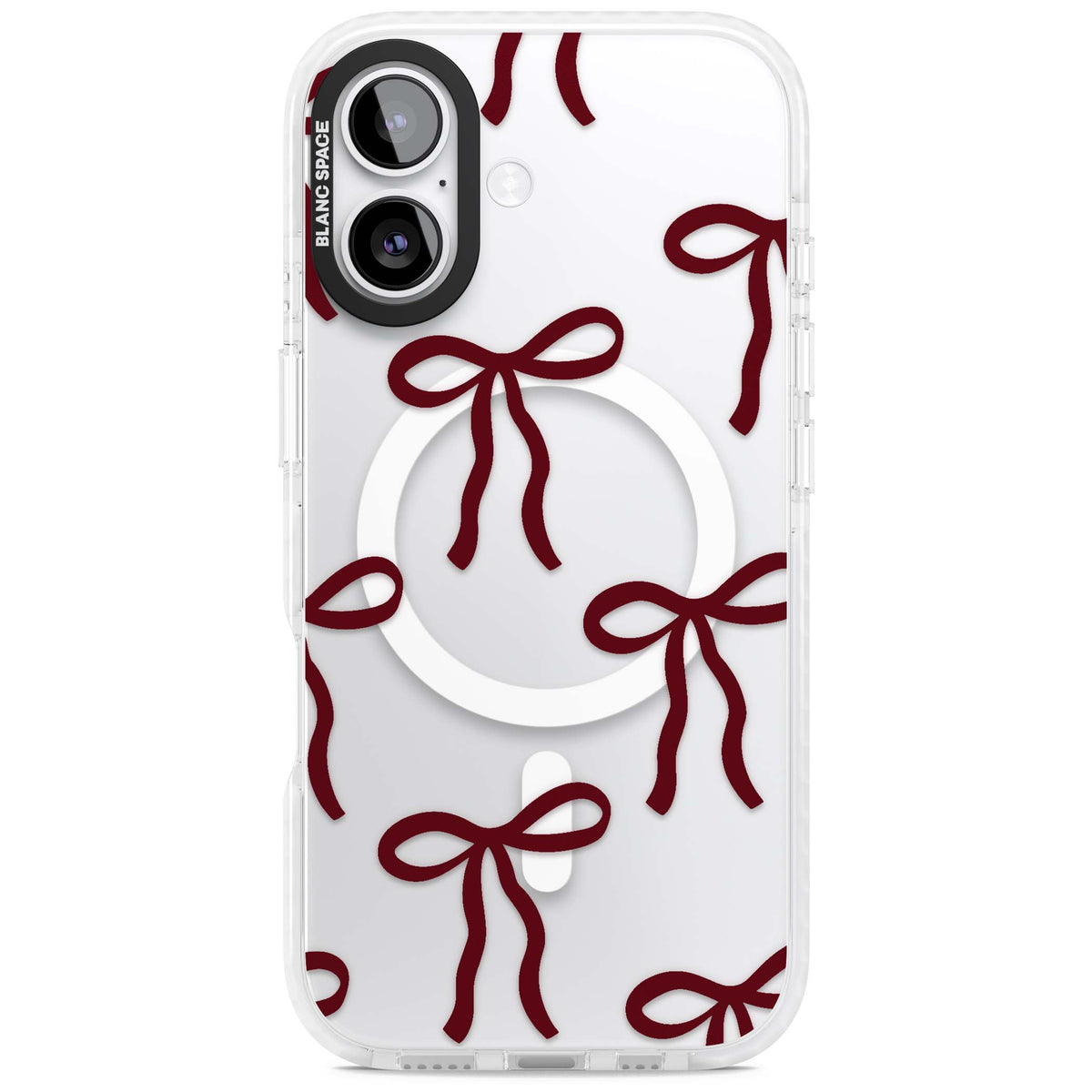 Burgundy Bows coquette iPhone case featuring hand-drawn burgundy red bows on a clear background | Impact Magsafe case for iPhone 17