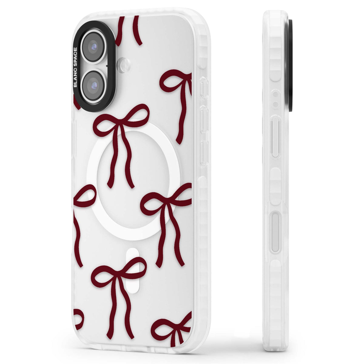 Burgundy Bows coquette iPhone case featuring hand-drawn burgundy red bows on a clear background | Impact Magsafe case for iPhone 17