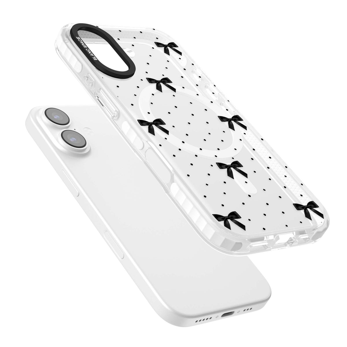 Black Polka Bows coquette iPhone case featuring scattered black satin bows and tiny polka dots on a clear base | Impact Magsafe case for iPhone 17