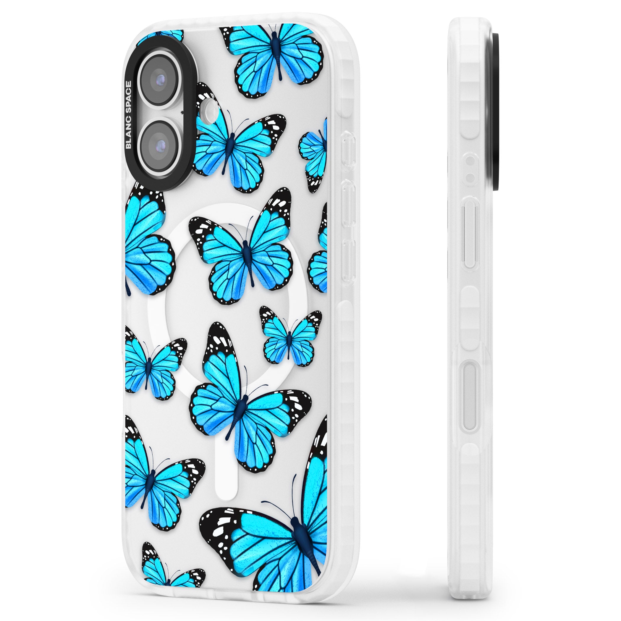 Blue Butterflies iPhone 17 Impact Pro Clear Phone Case Side Profile