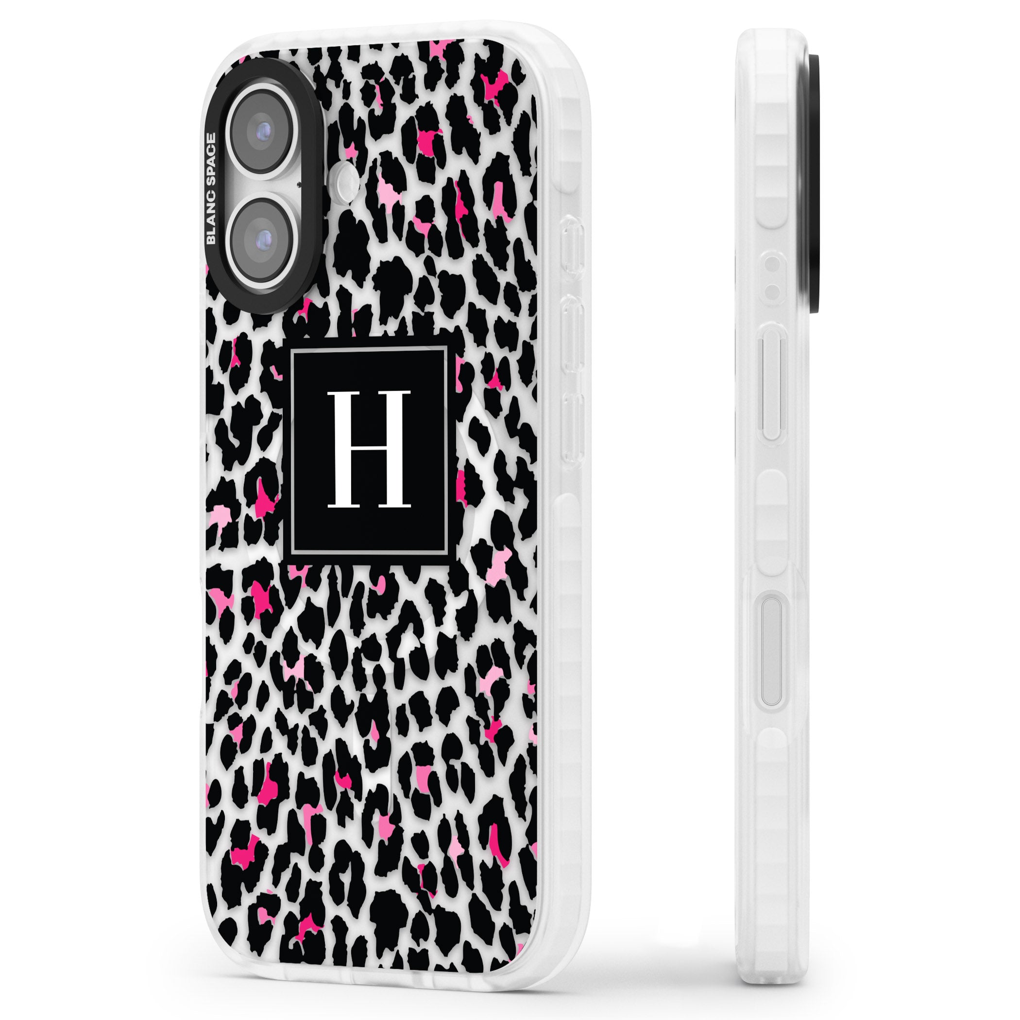 Personalised Clear Pink Leopard Monogram iPhone 17 Impact Pro Clear Phone Case Side Profile