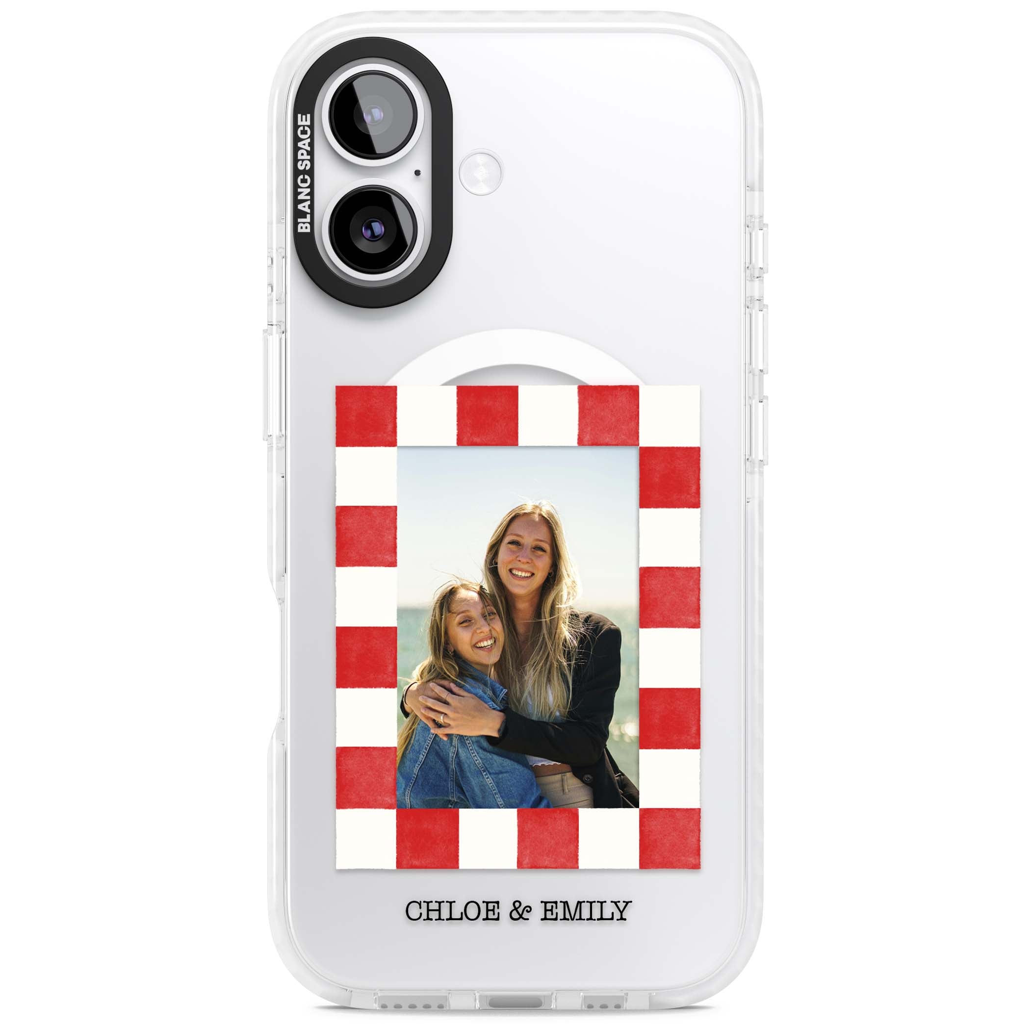 Red Check Photo personalised photo iPhone case with red and white checkered polaroid frame and custom couple name | Impact Magsafe case for iPhone 17