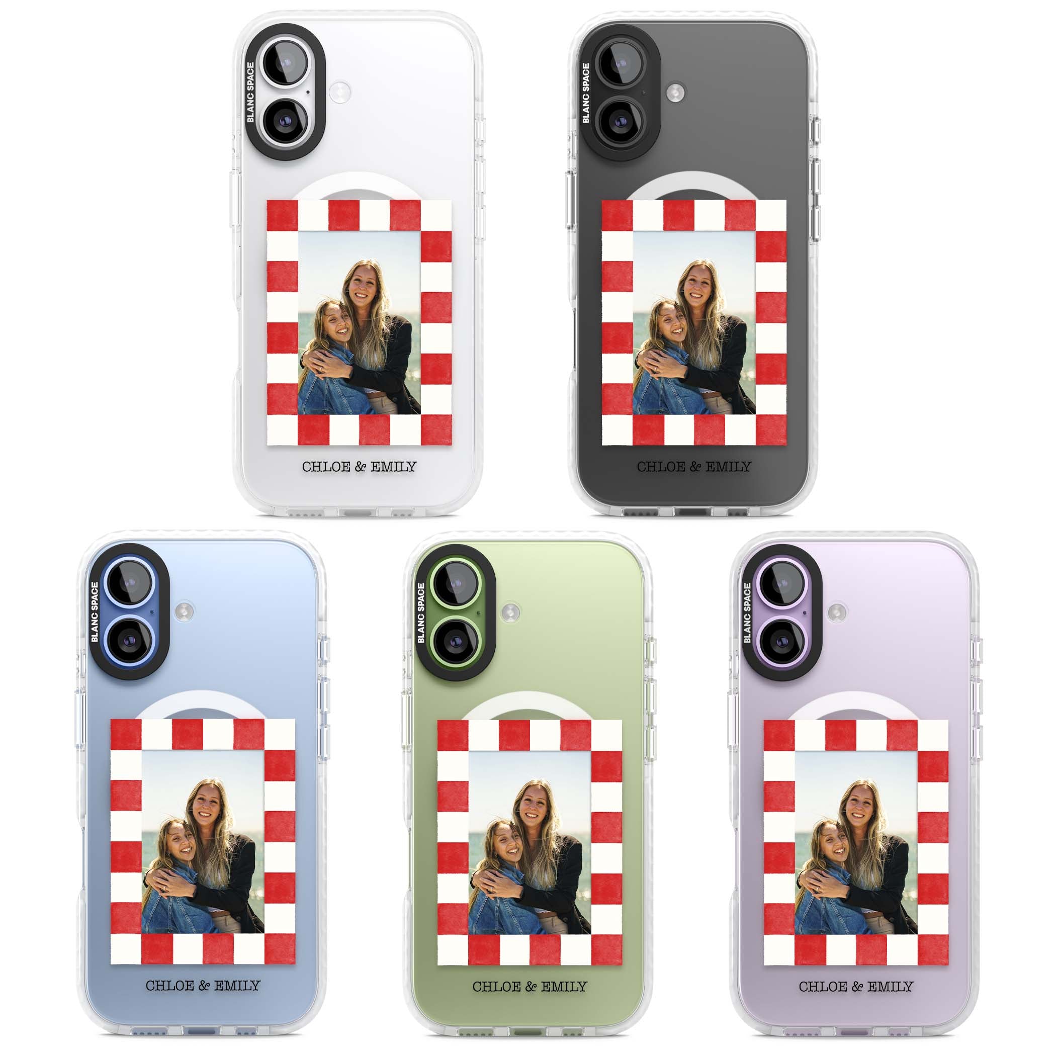 Red Check Photo personalised photo iPhone case with red and white checkered polaroid frame and custom couple name | Impact Magsafe case for iPhone 17