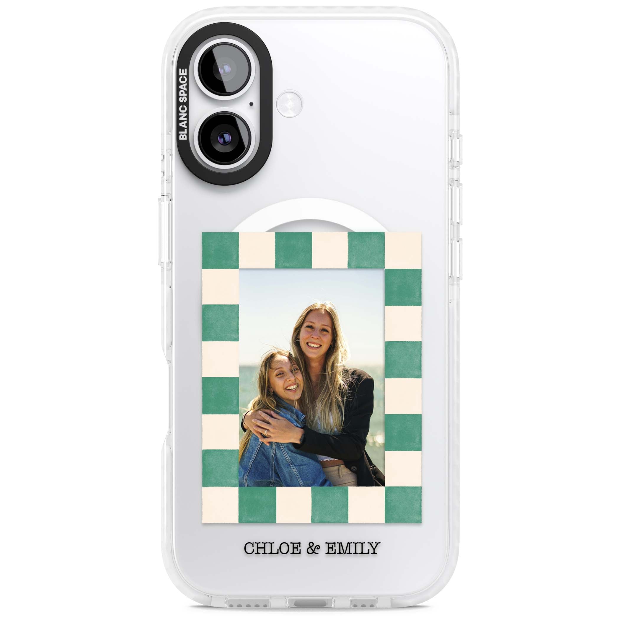 Seafoam Check Photo personalised iPhone case featuring a custom polaroid photo, green and cream checkered frame, and custom n | Impact Magsafe case for iPhone 17