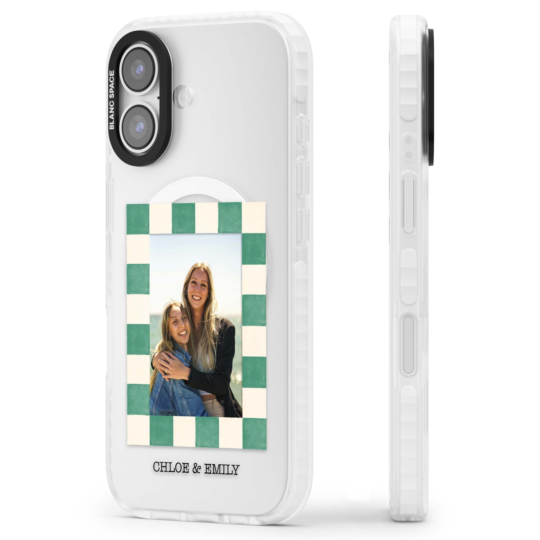 Seafoam Check Photo personalised iPhone case featuring a custom polaroid photo, green and cream checkered frame, and custom n | Impact Magsafe case for iPhone 17